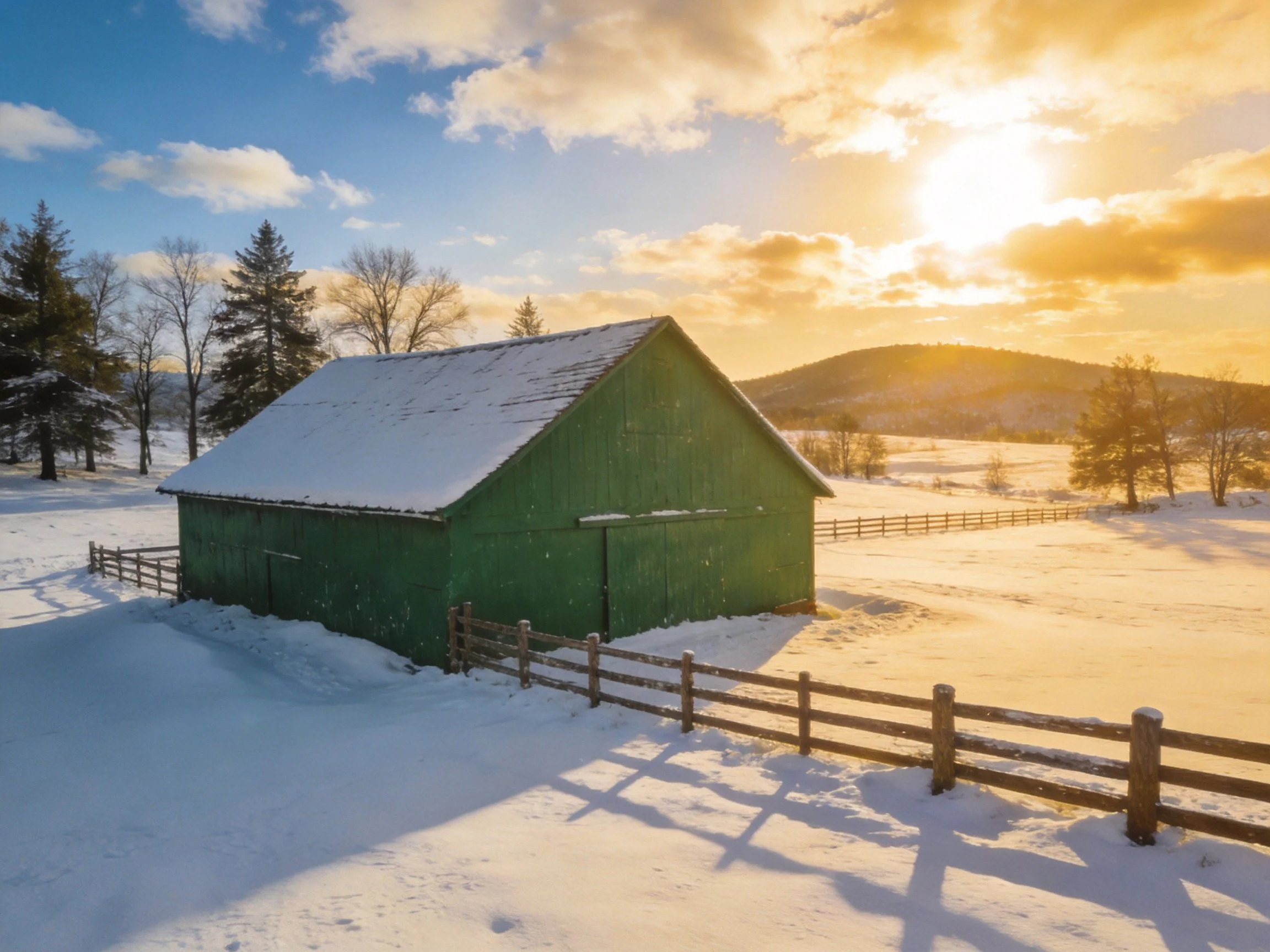 A green barn with snow-covered roof in a sunlit snowy countryside