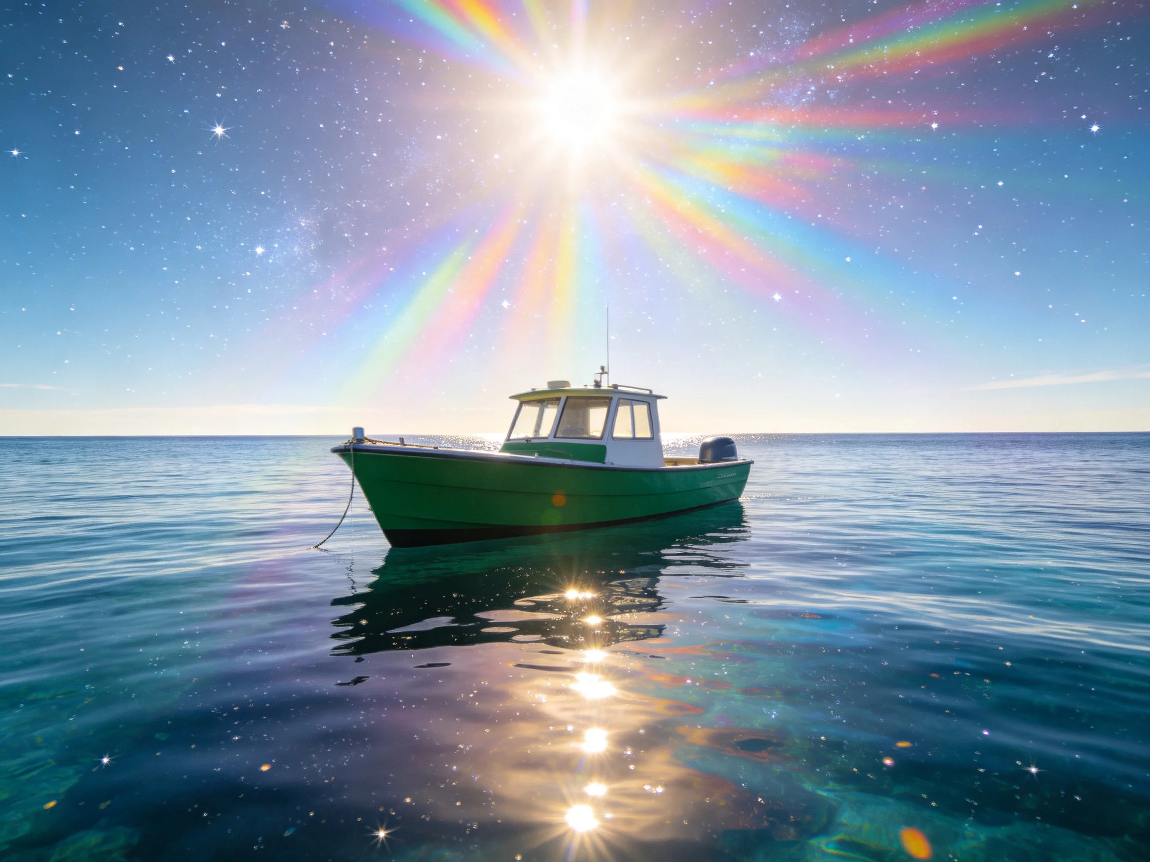 A green boat floats on calm water under a sun with rainbow rays