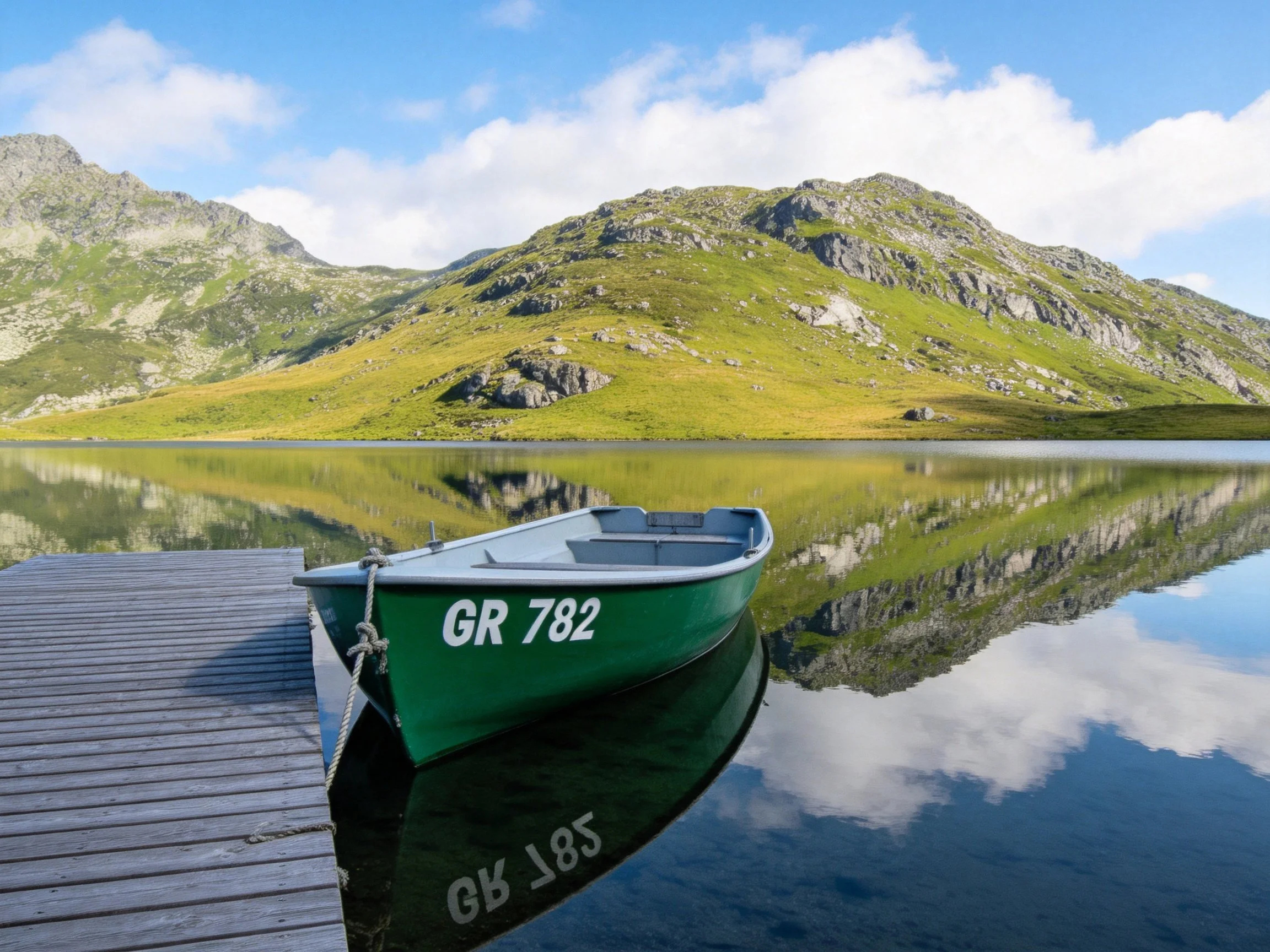 A green boat moored at a wooden dock near mountainous terrain