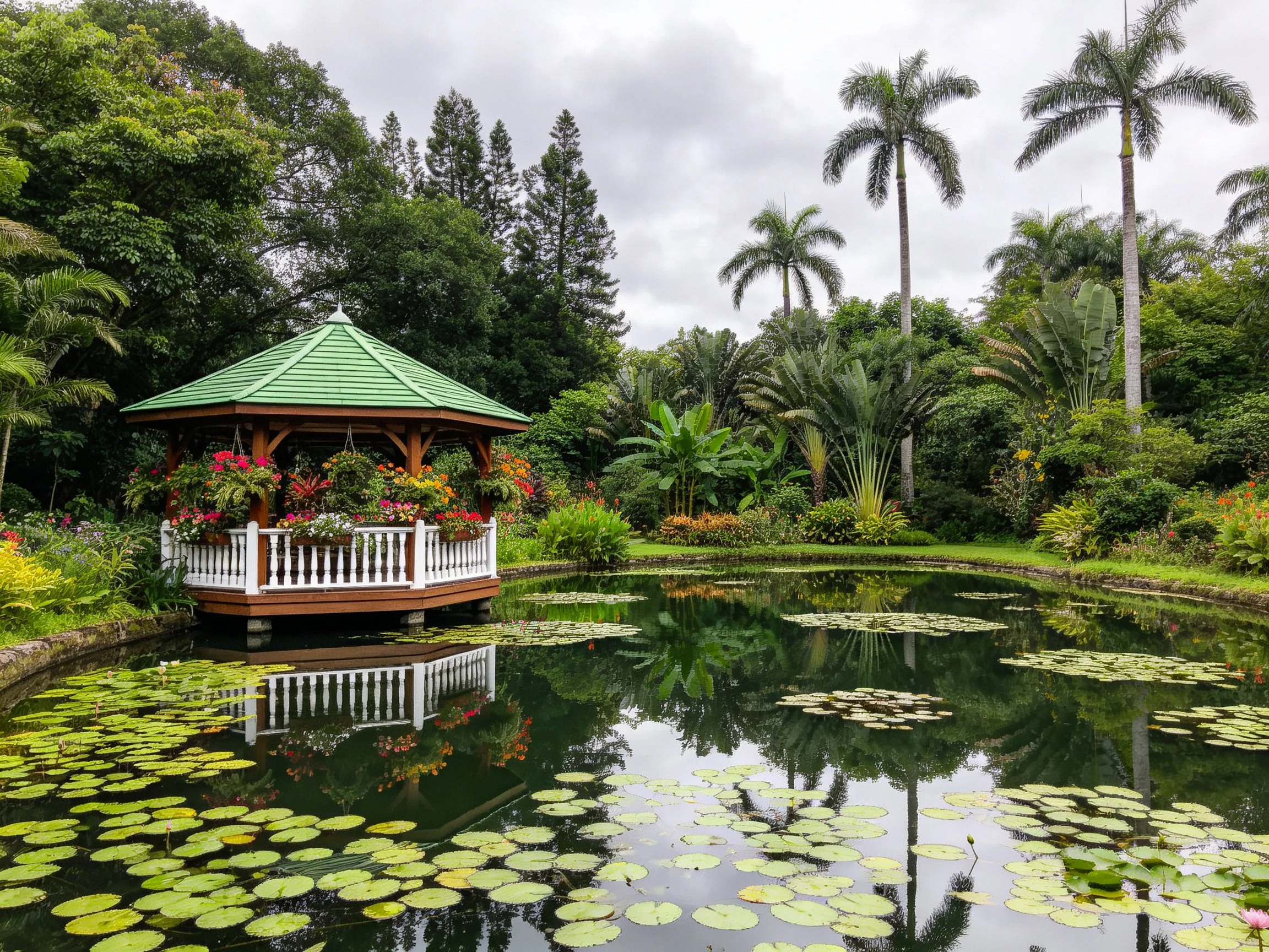 A green-roofed gazebo beside a lily-pad-filled pond in lush gardens