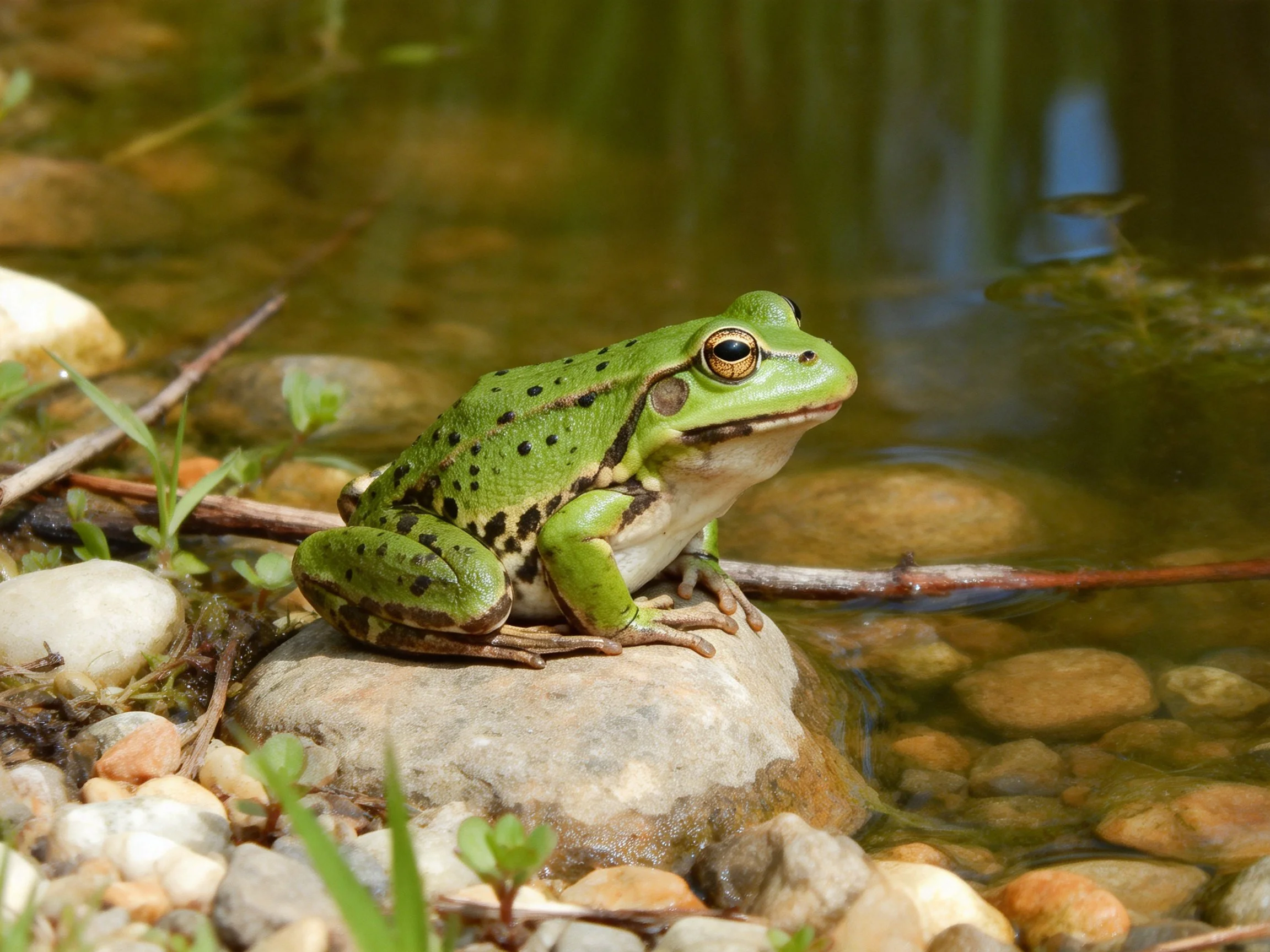 A green-spotted frog perches on a rock by clear water