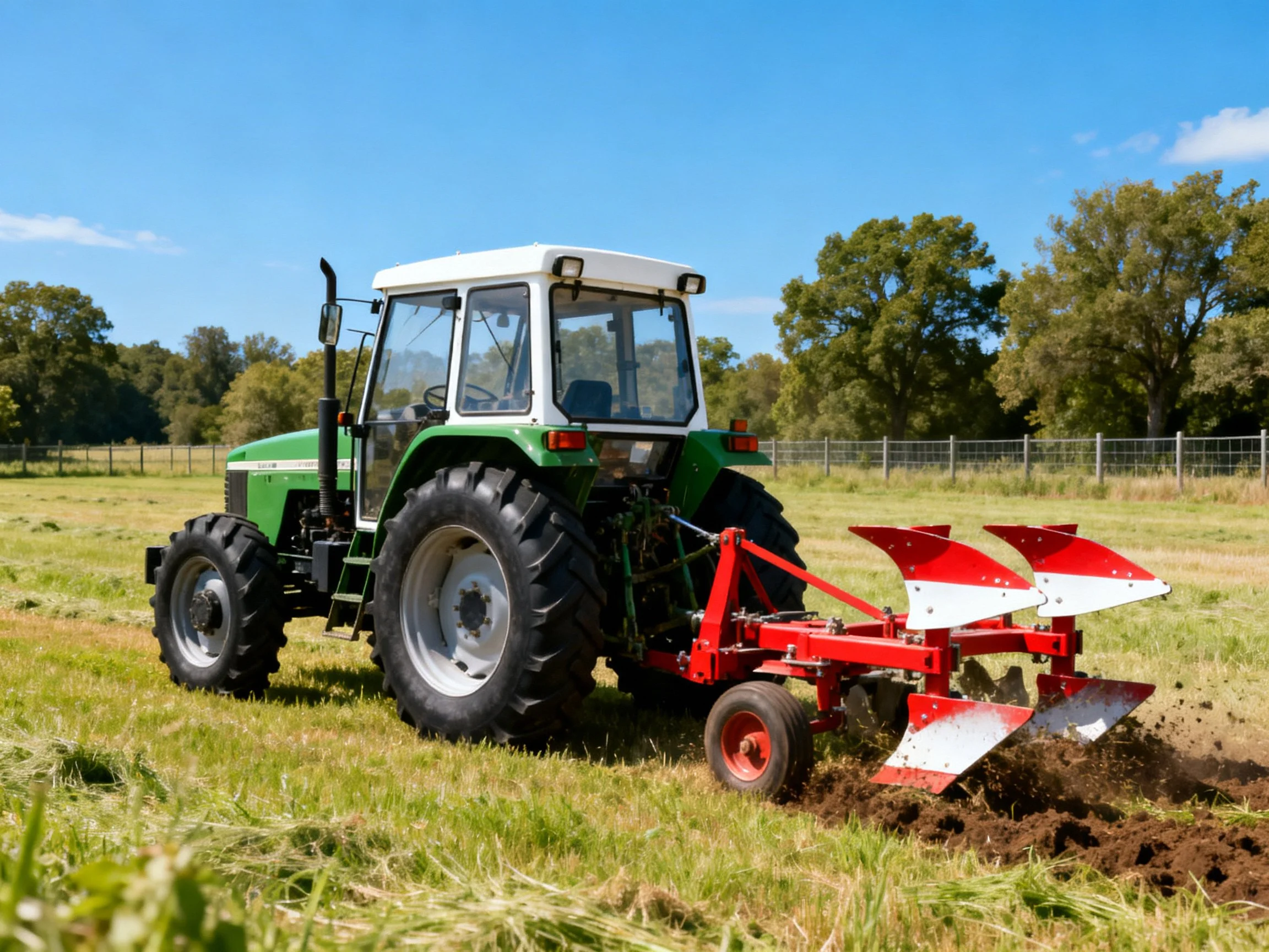 A green tractor pulling a red plow across a sunny farm field