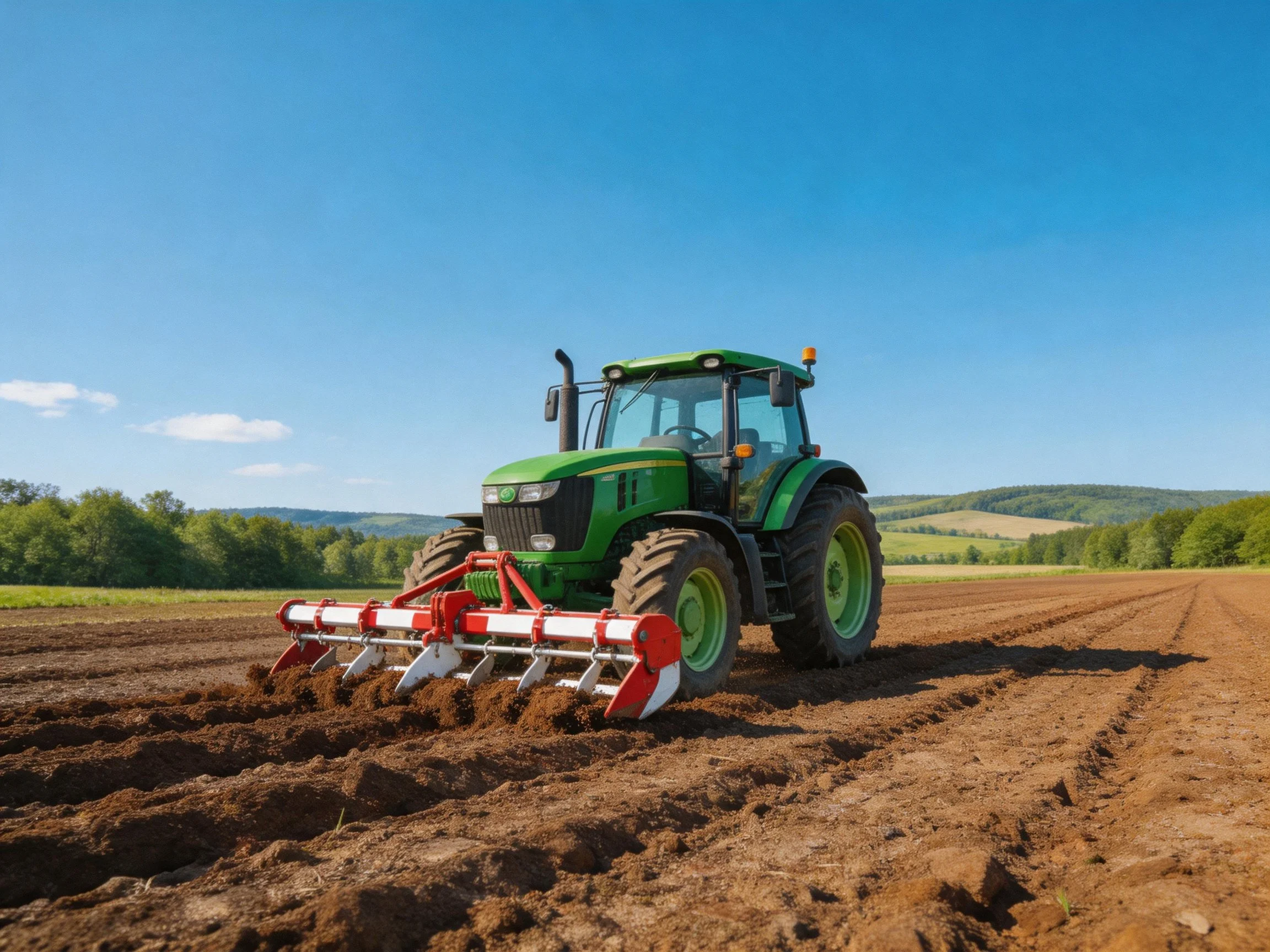 A green tractor tills a brown farm field under a clear blue sky