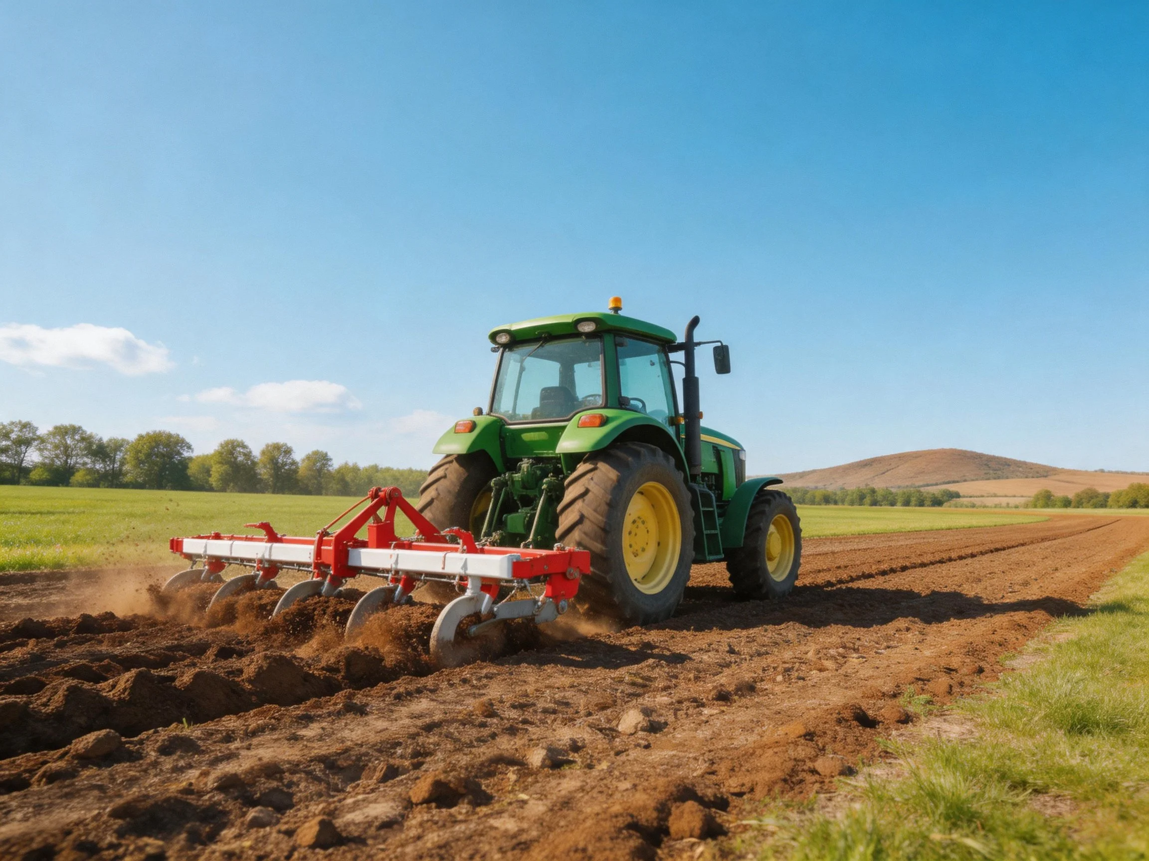 A green tractor with red farming equipment tills a brown field