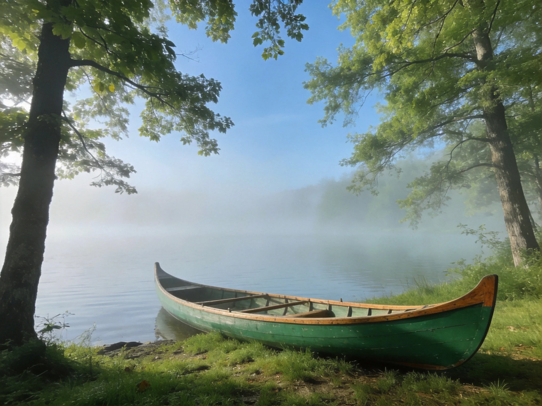 A green wooden canoe rests near tall leafy trees by a misty lake