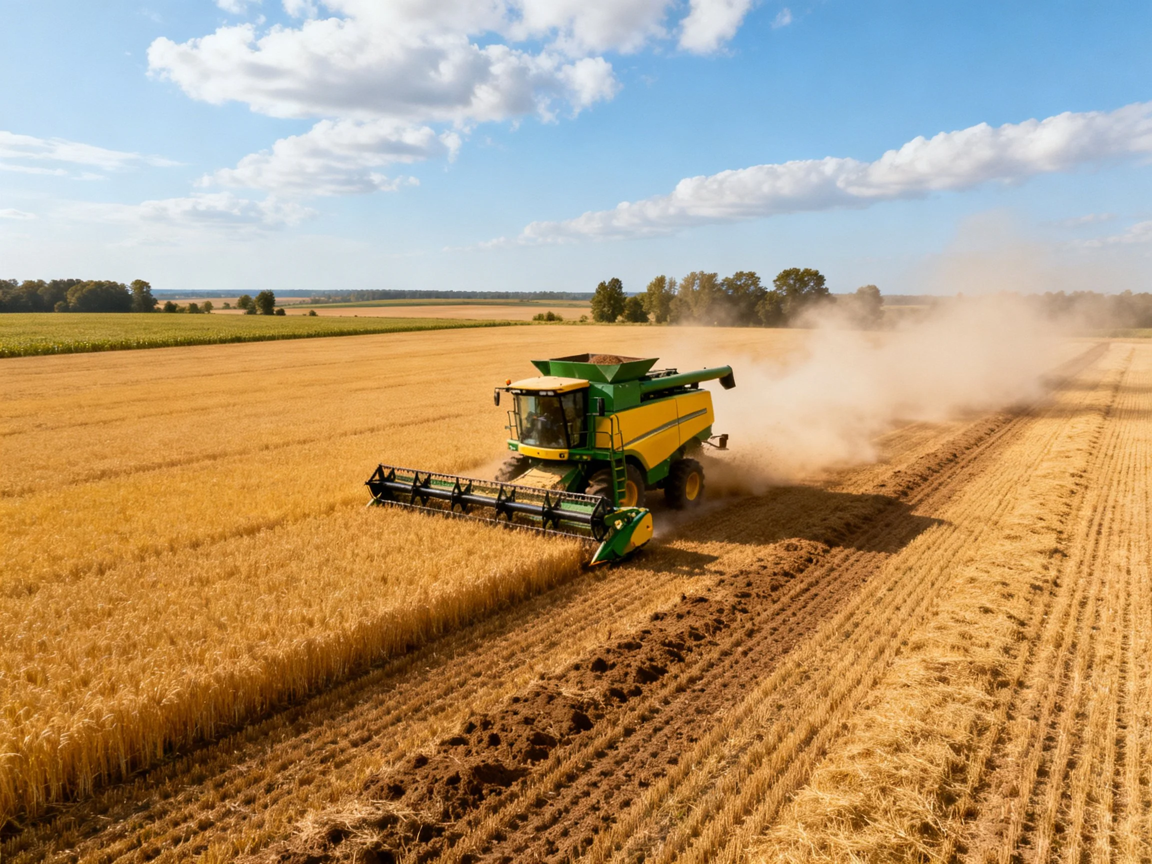 A green-yellow combine harvests golden wheat fields under bright blue sky