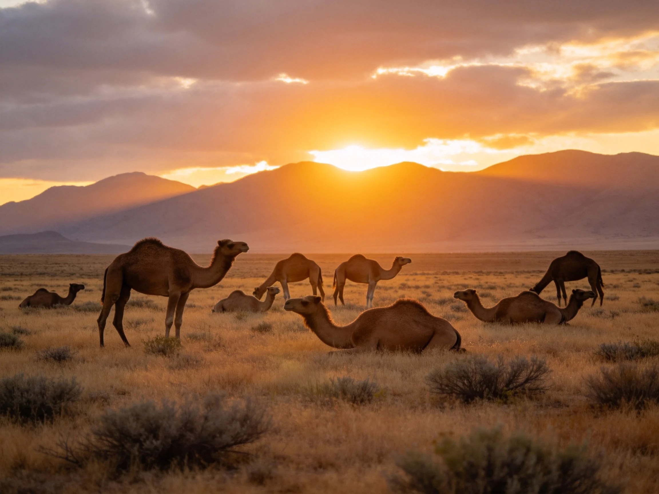 A group of camels rests in a golden desert under a glowing sunset sky