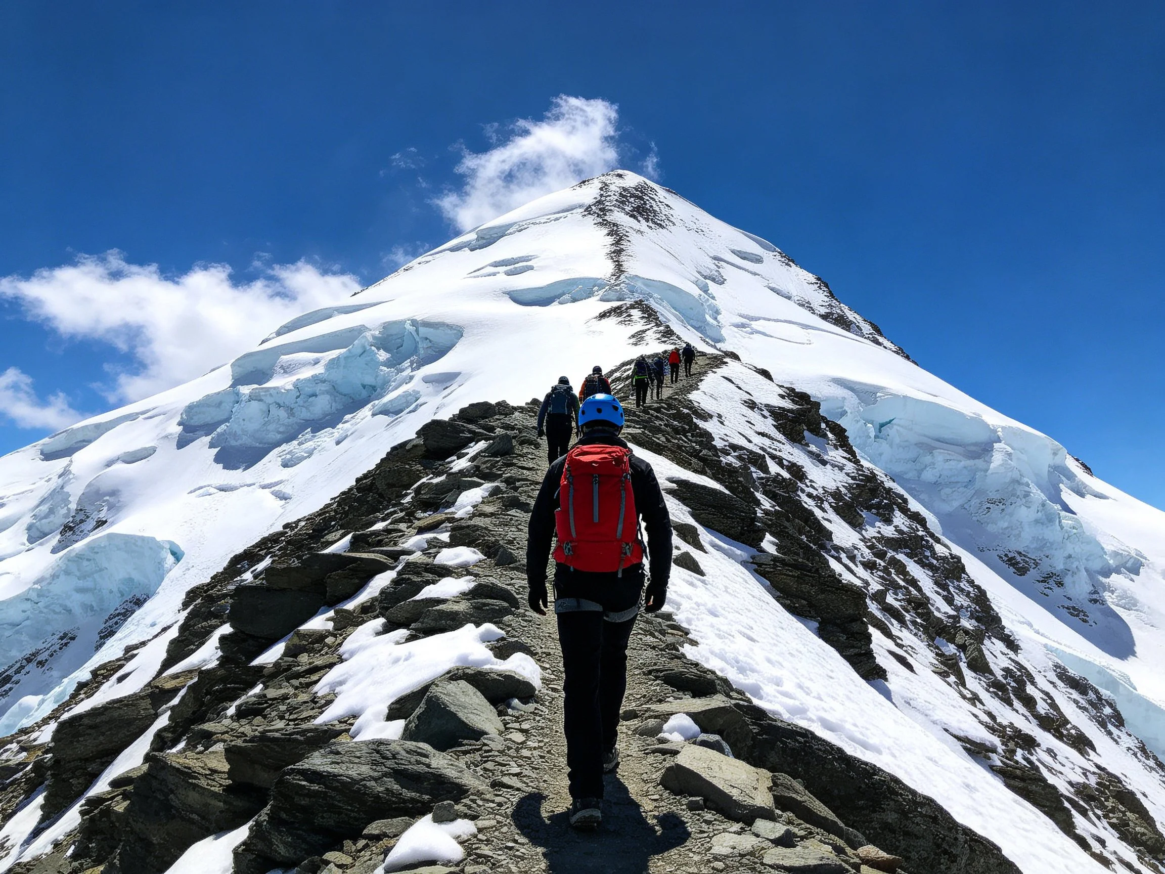A group of climbers ascending a snow-capped mountain peak