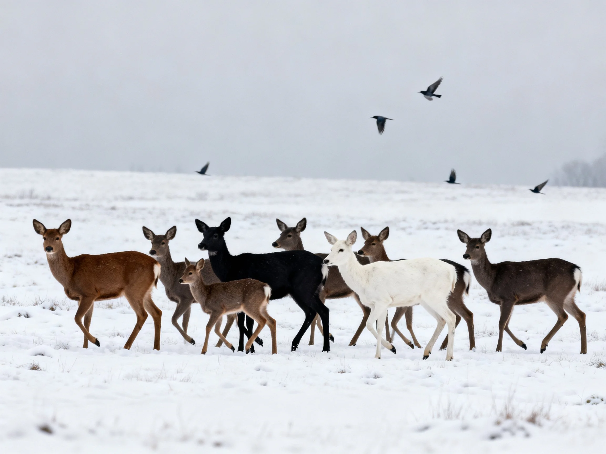 A group of deer in brown, black, and white walk through a snowy field with birds flying