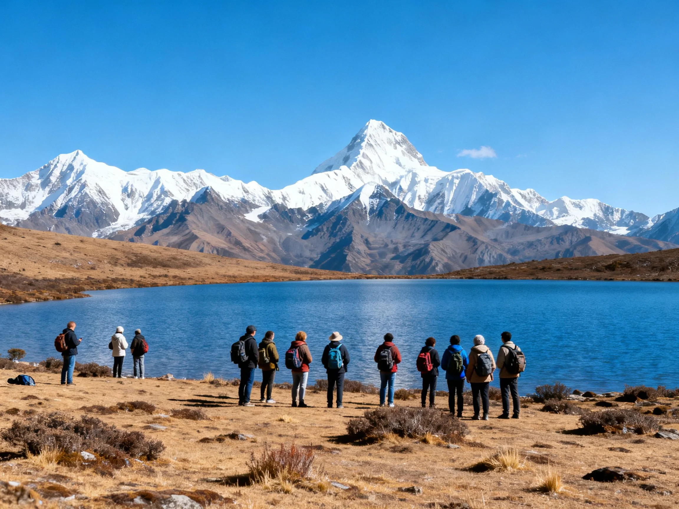 A group of hikers near a blue lake with snow - capped mountains