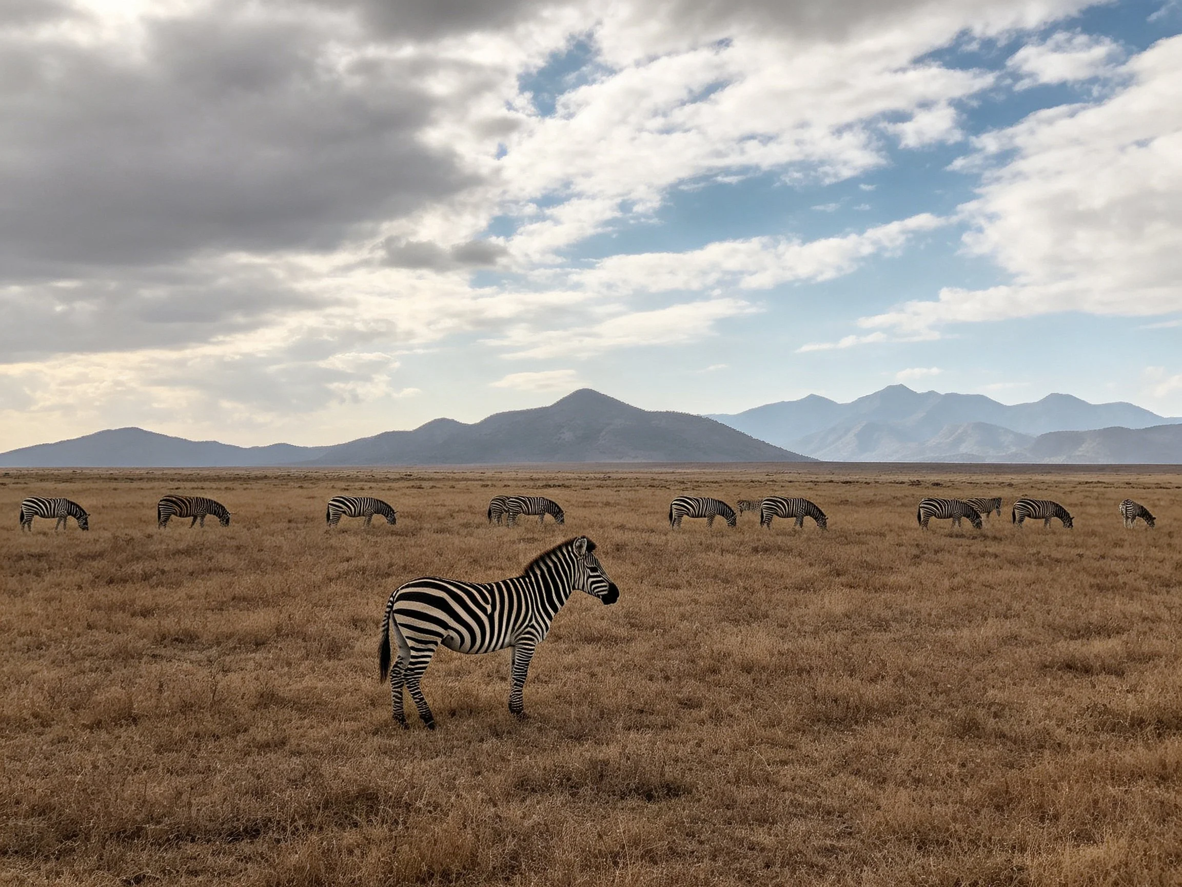 A group of zebras grazing in an open savannah with distant mountains