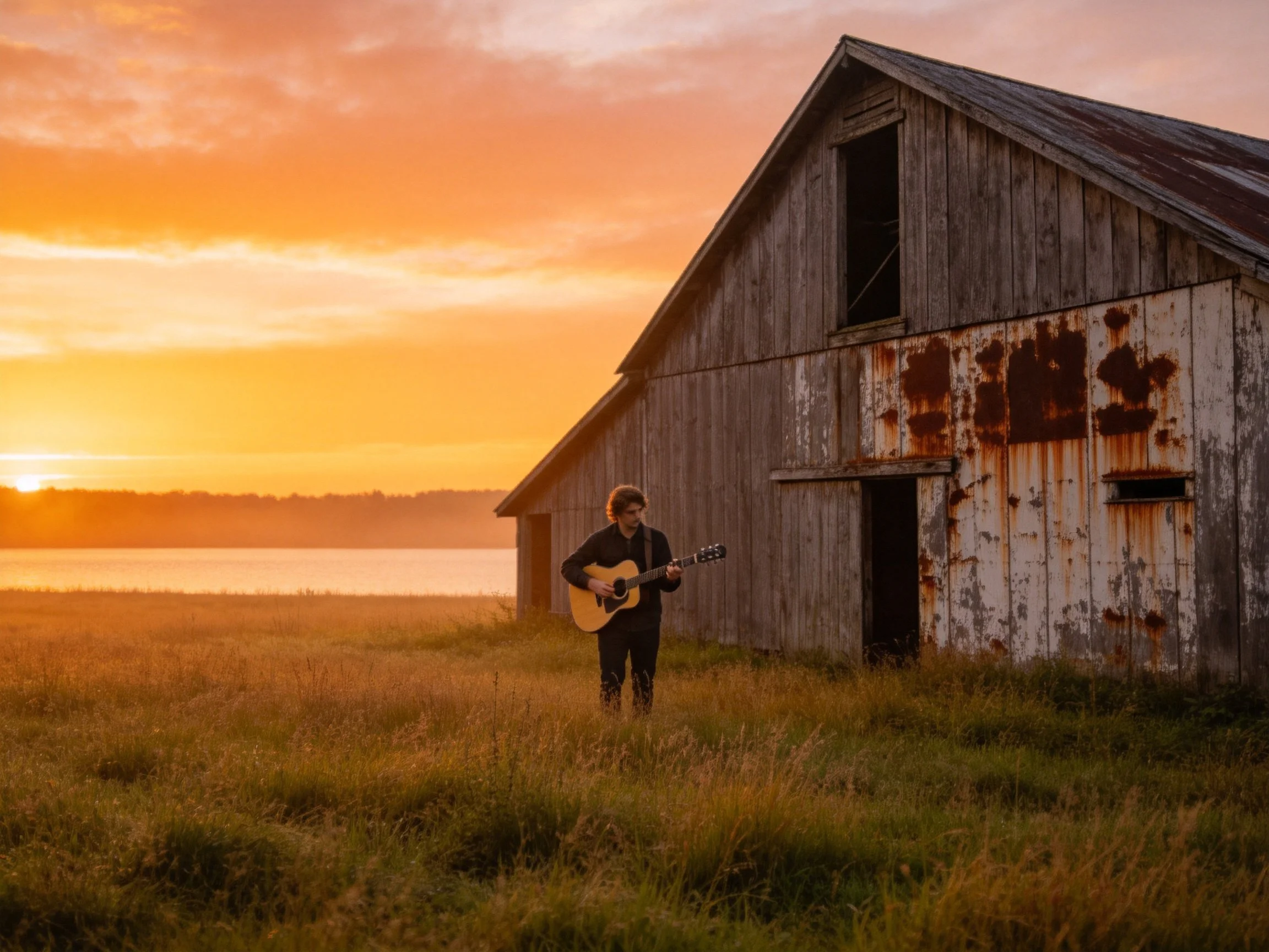A guitarist performs near a rust-stained wooden barn at sunset.