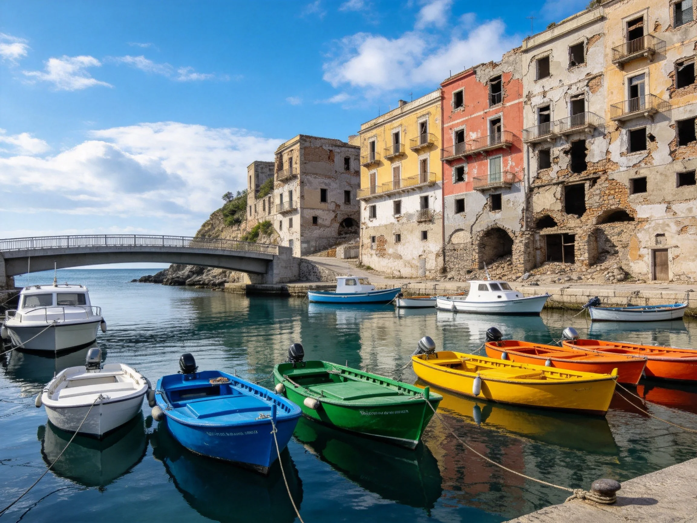 A harbor with colorful boats near aged, weathered buildings