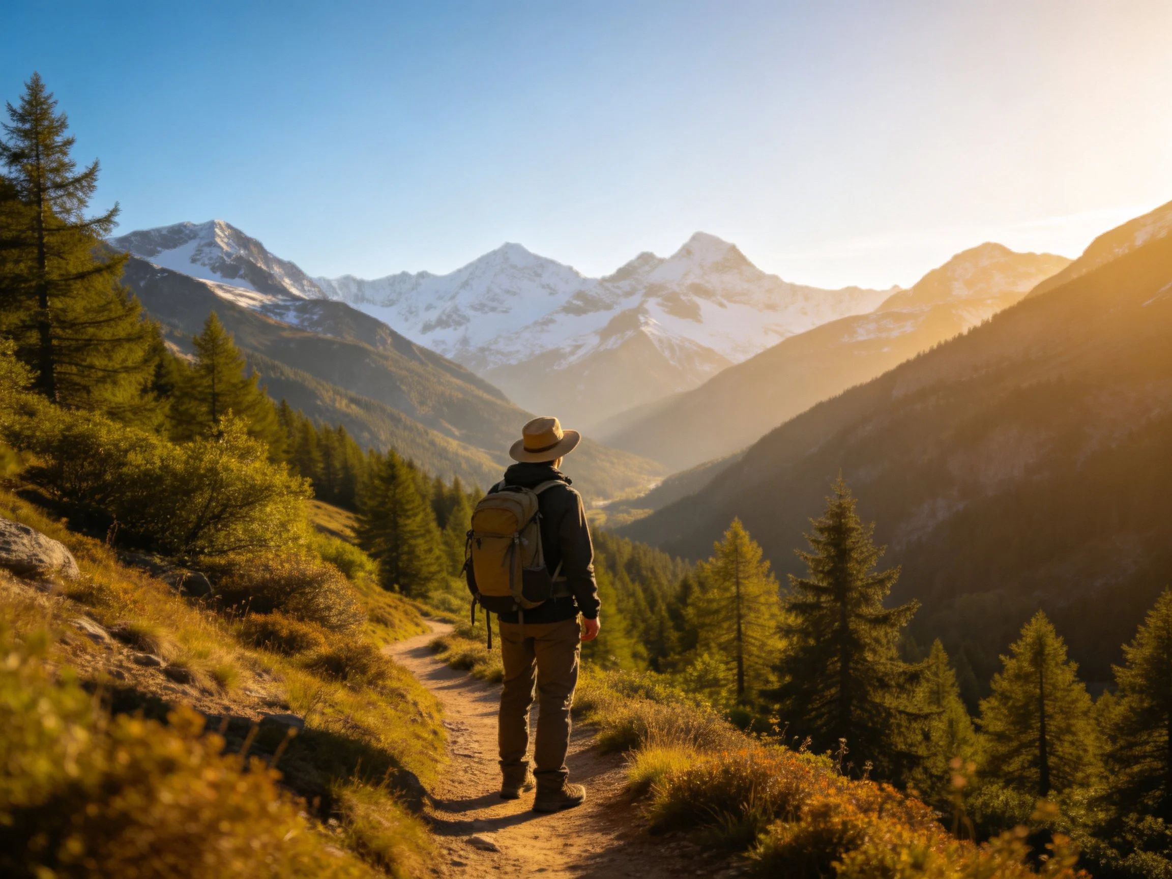A hiker explores a sunlit mountain trail with snow-capped peaks