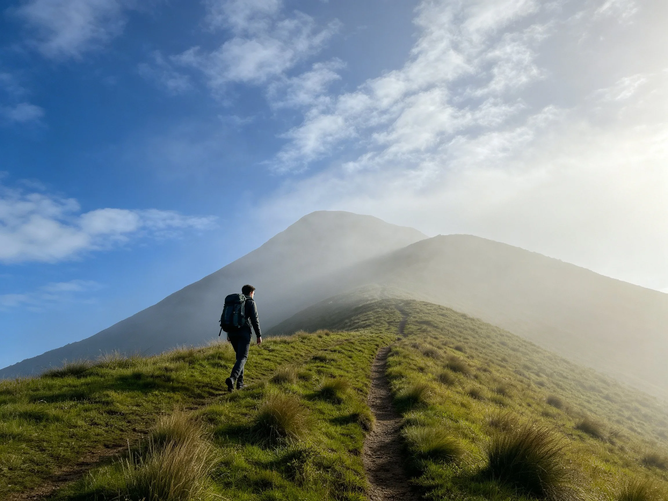 A hiker explores misty mountain terrain with lush green hills