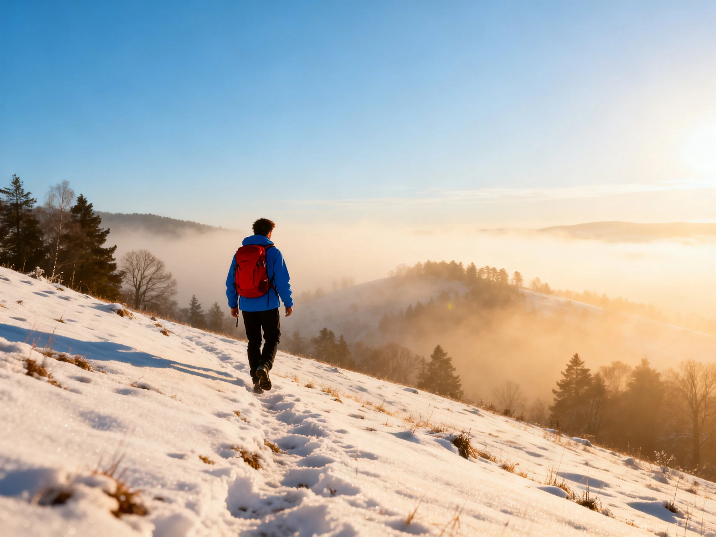 A hiker in blue jacket walks up a snow - covered hillside