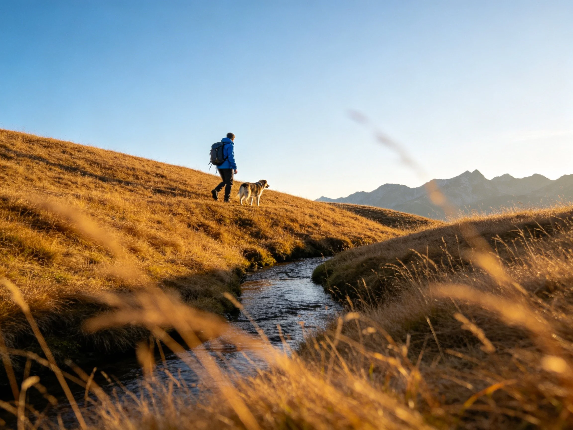 A hiker in blue walks a dog near golden hills and a stream