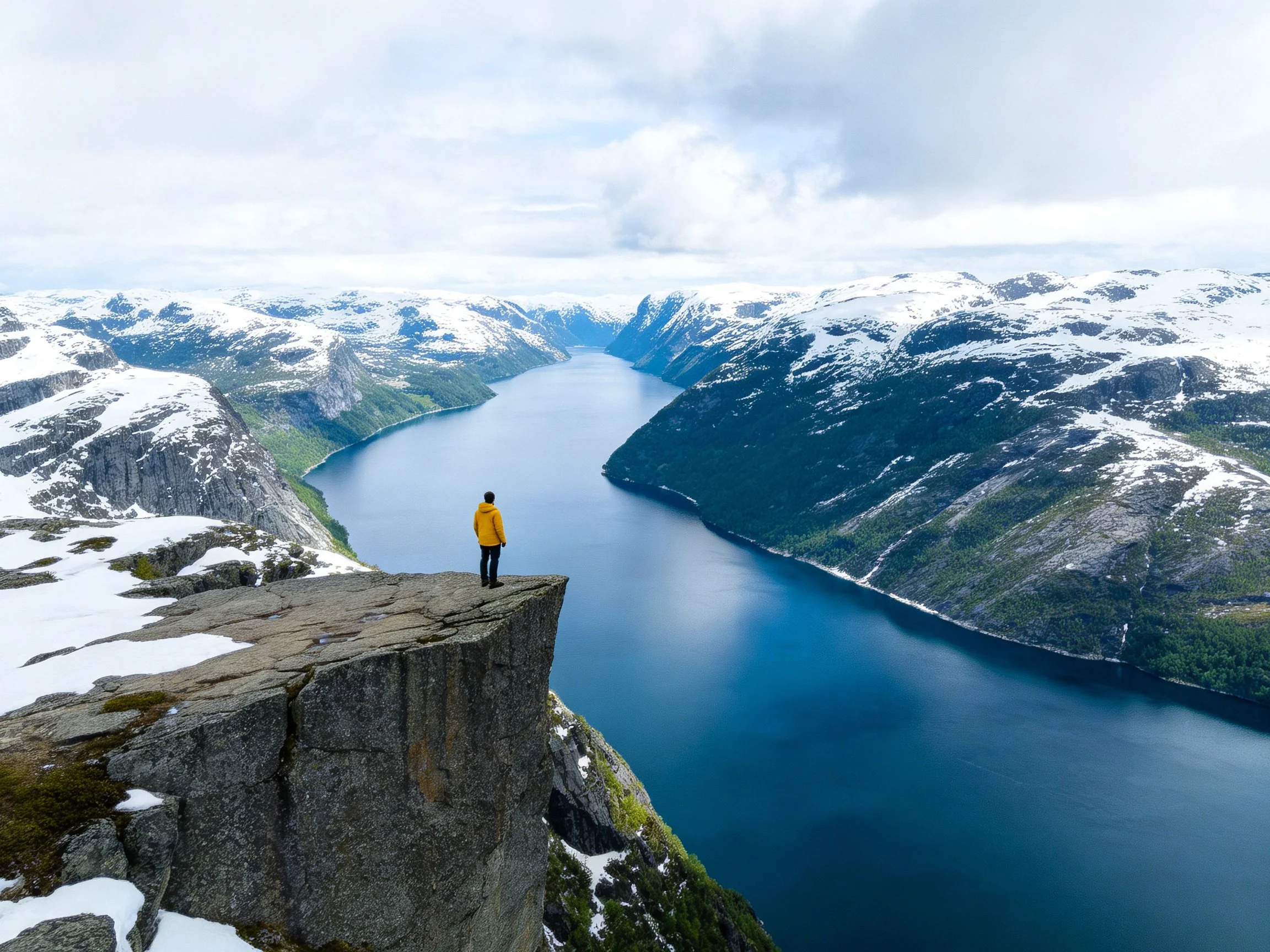 A hiker in yellow stands atop a rocky cliff over a deep blue fjord