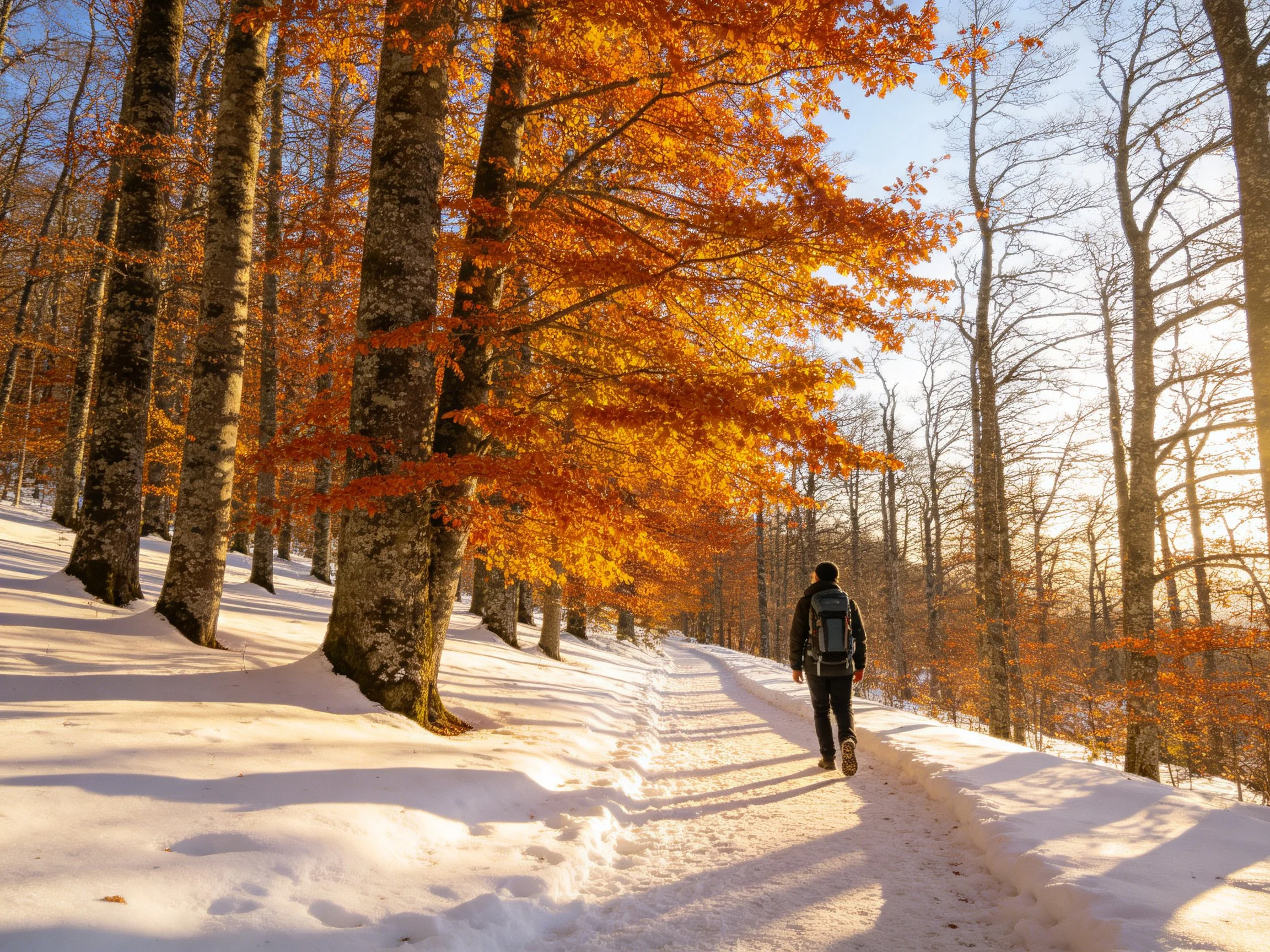 A hiker navigates a snow-lined path with vivid autumn trees