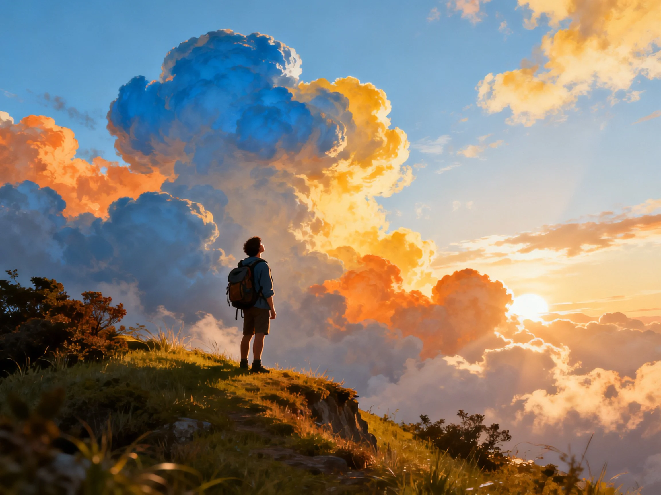 A hiker stands atop a grassy hill beneath vibrant sunset clouds