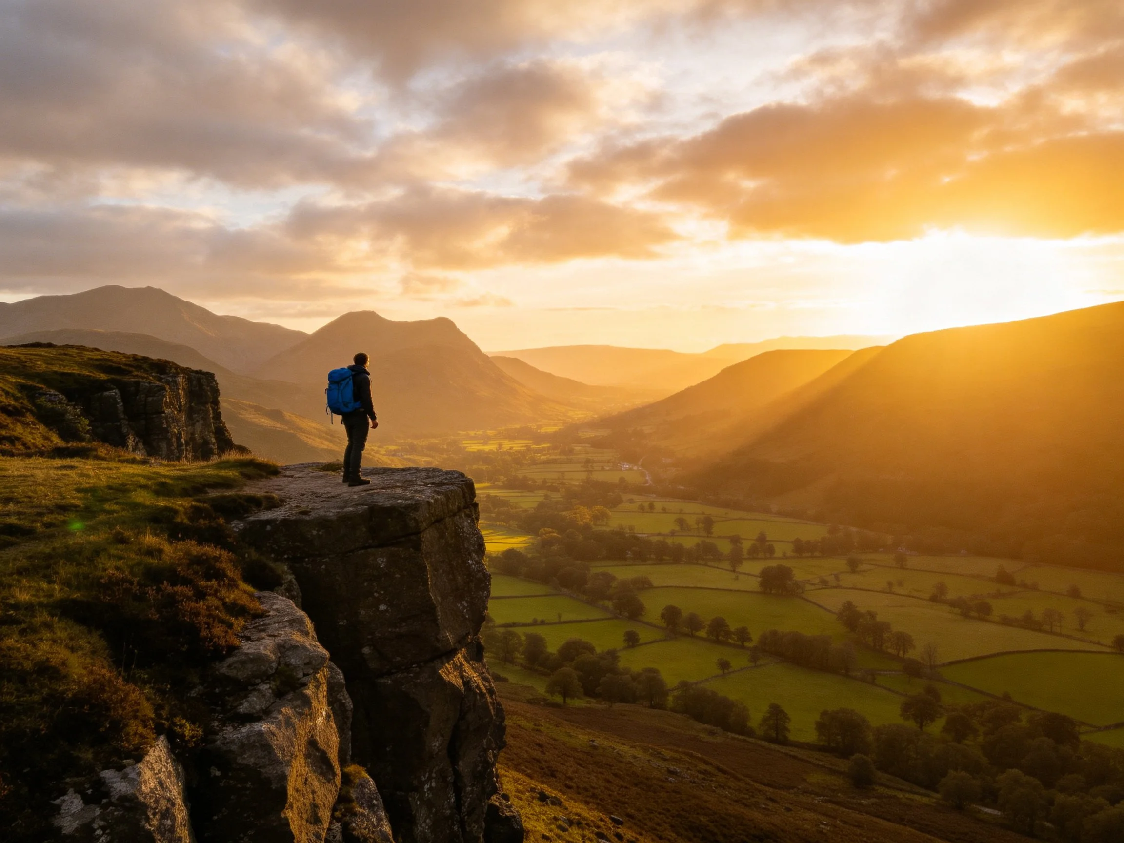 A hiker stands atop a rocky cliff during golden-hour sunset over a lush valley