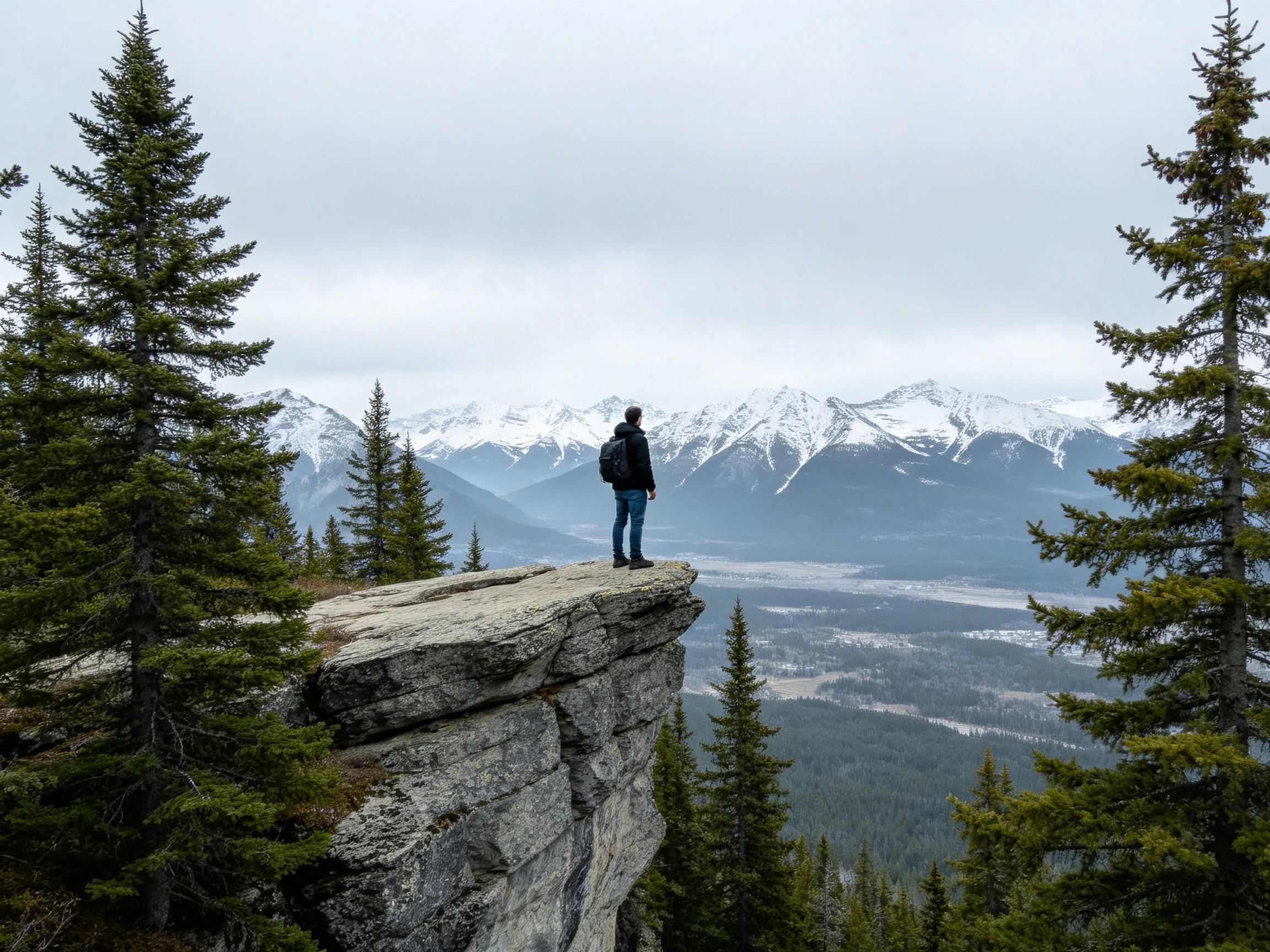 A hiker stands atop a rocky cliff with snow-capped mountains