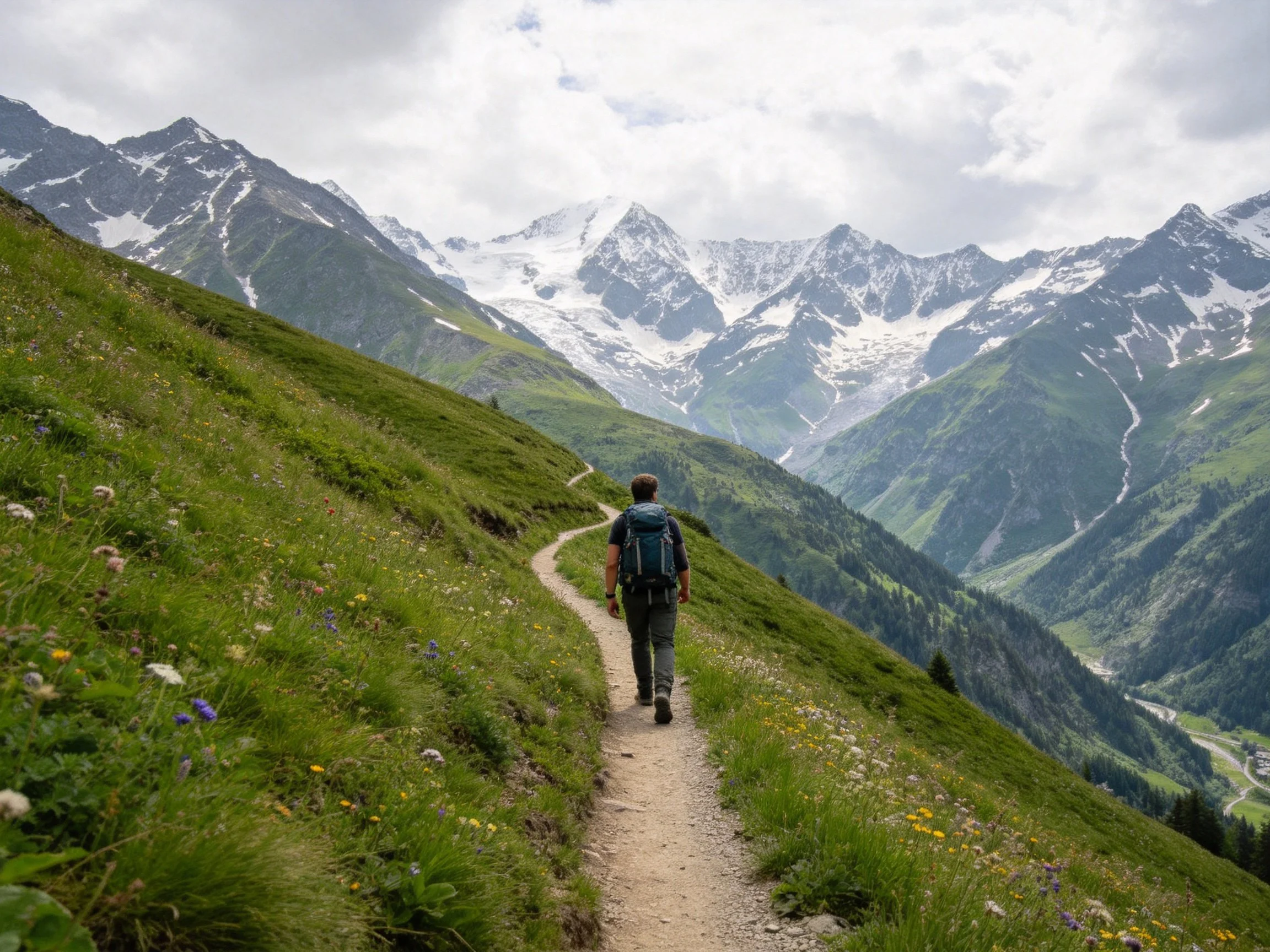 A hiker treks along a mountain trail with green hills and snow - capped peaks