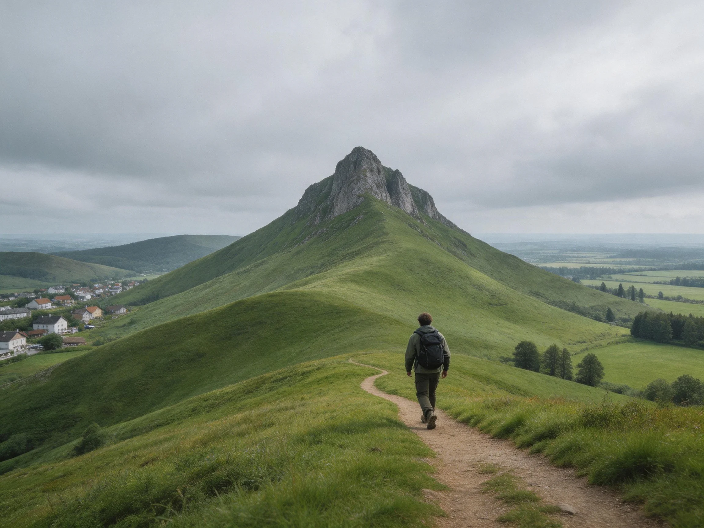 A hiker walks along a lush green hillside toward a rocky mountain peak
