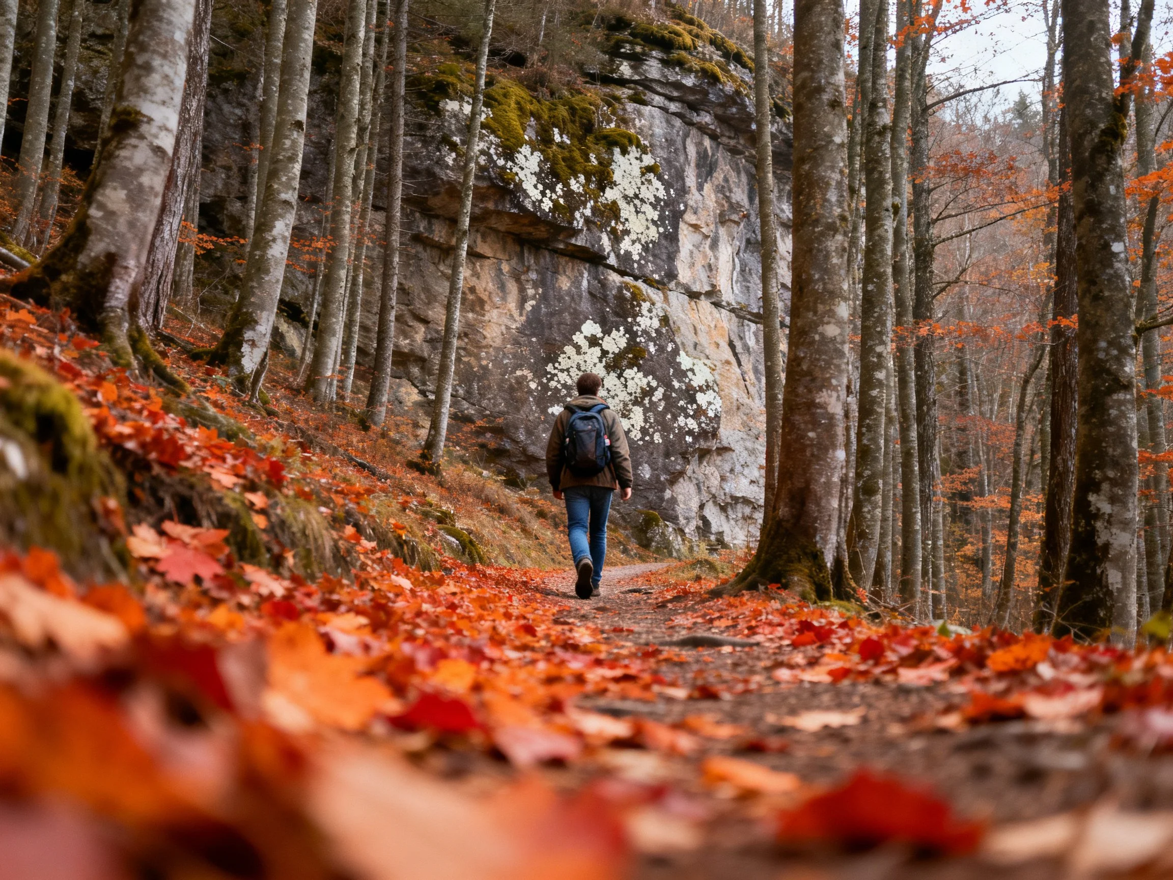 A hiker walks along an autumn forest path by moss-covered cliffs