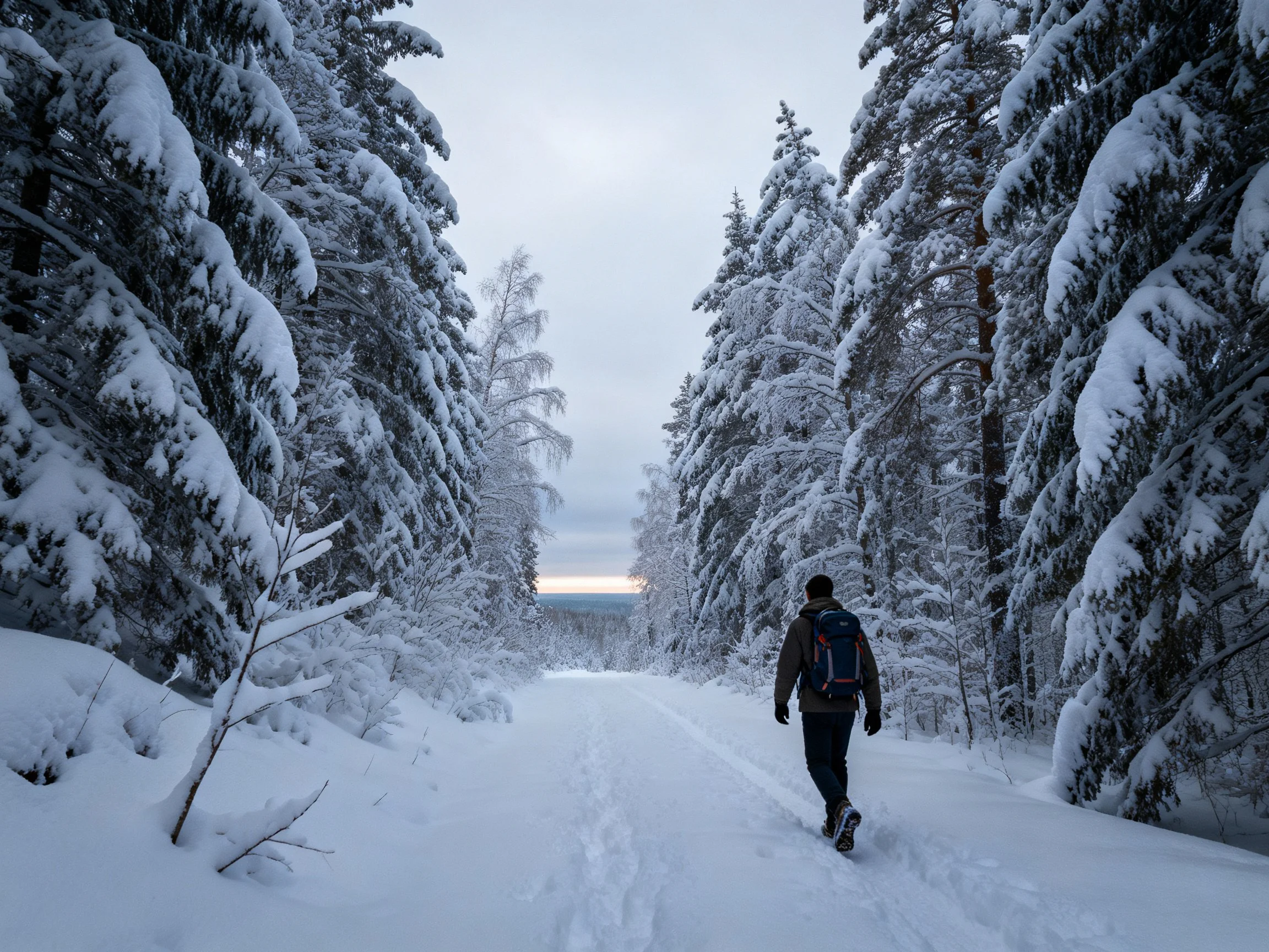 A hiker walks through a snow - covered forest landscape
