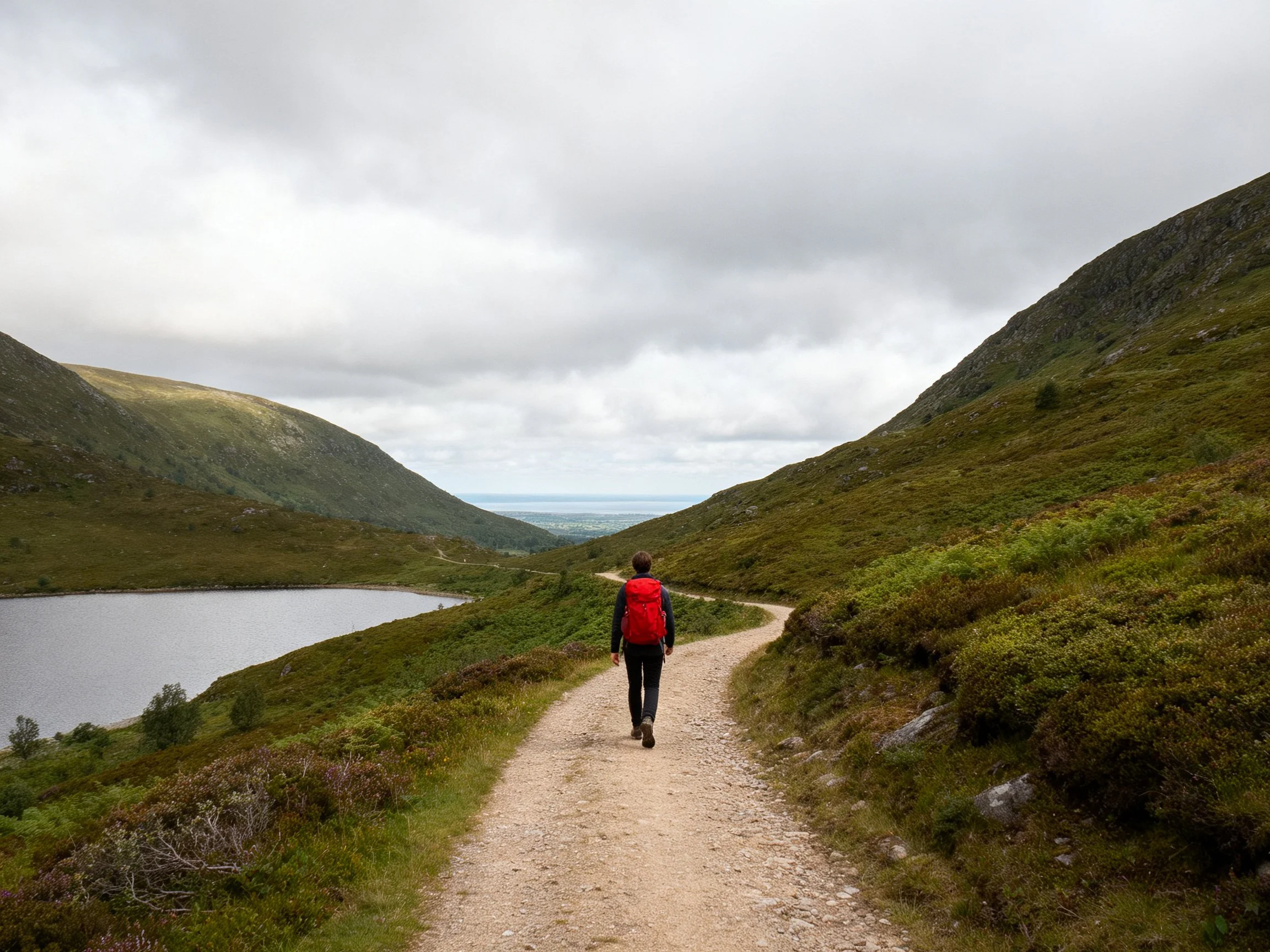 A hiker with a red backpack walks along a winding dirt path near a lake among green hills