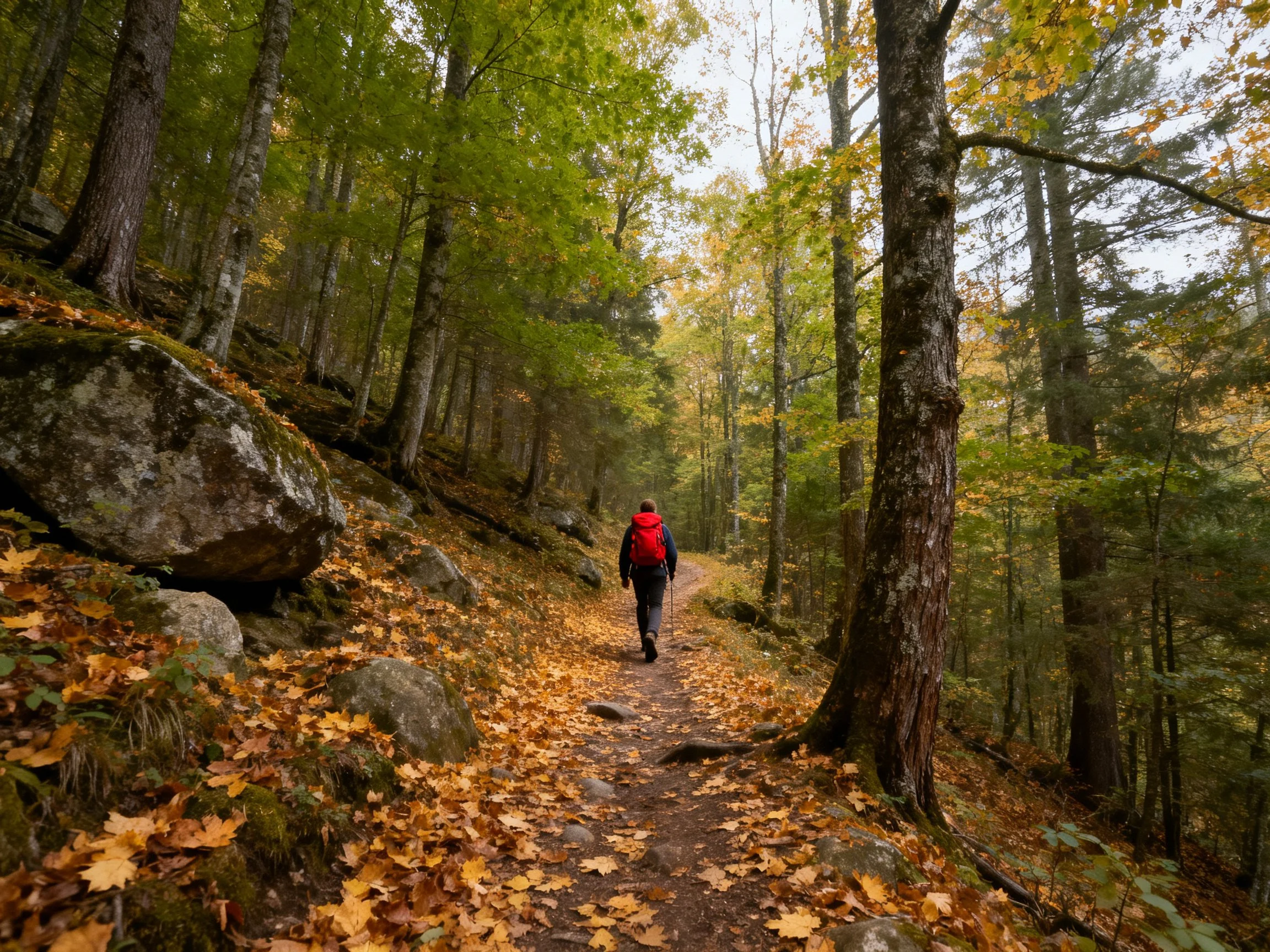 A hiker with a red backpack walks along an autumn leaf-covered trail