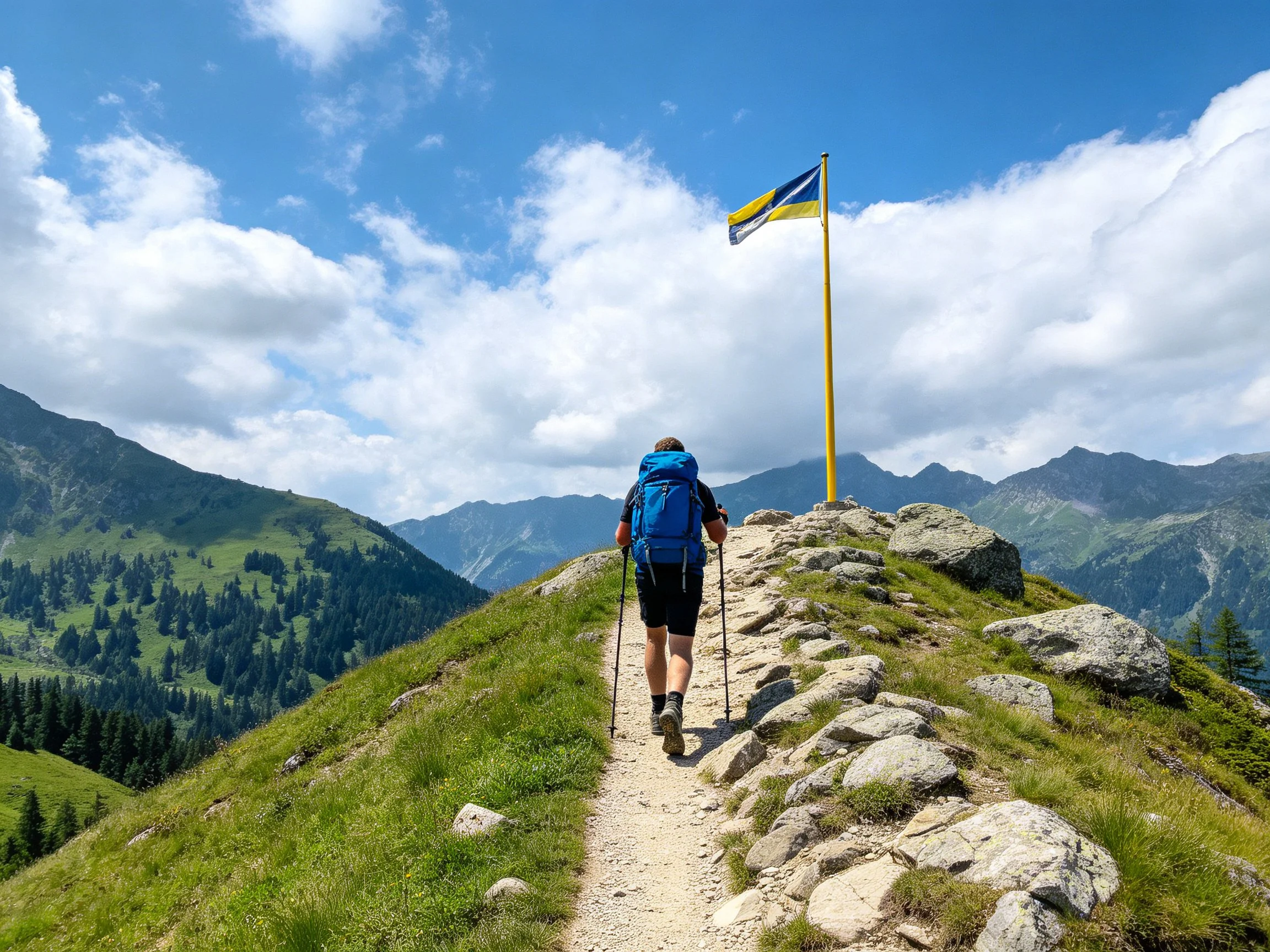 A hiker with blue backpack on rocky mountain trail near yellow flag