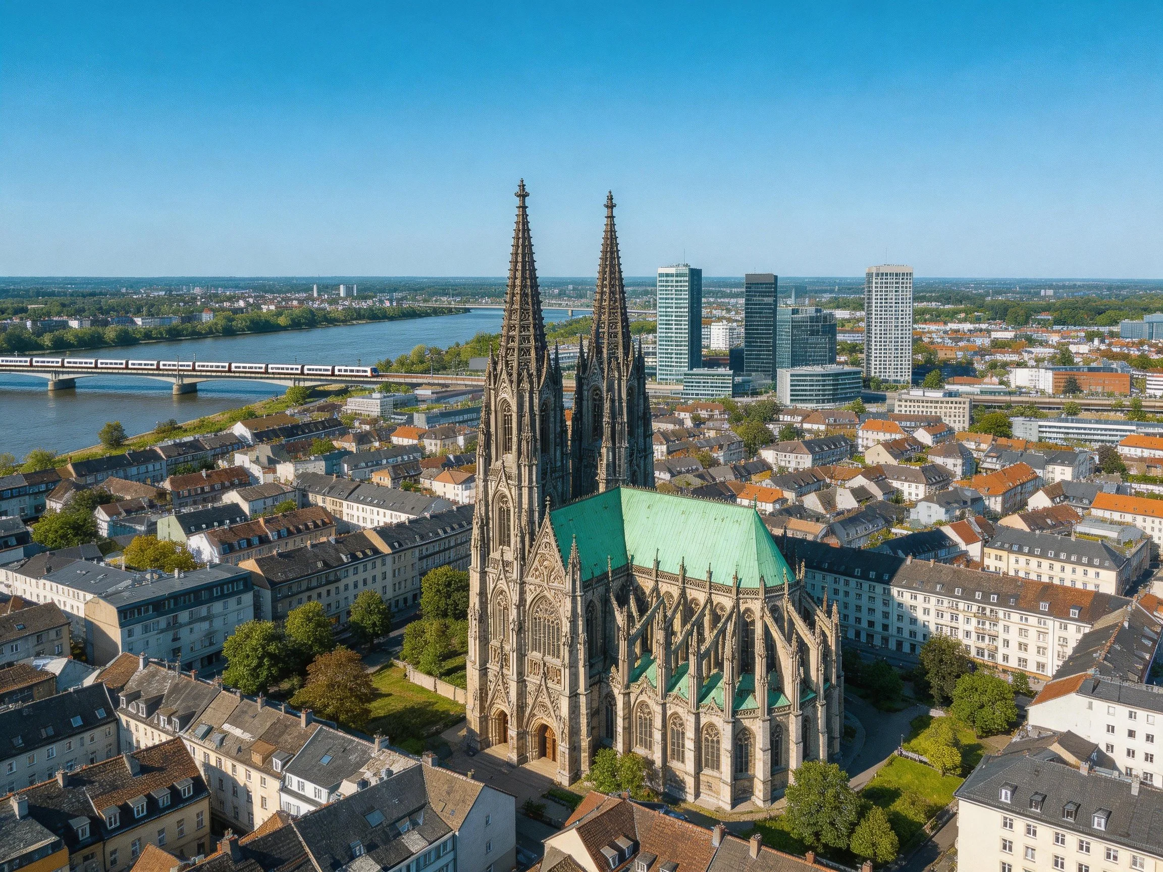 A historic Gothic cathedral towers over a riverside cityscape with modern skyscrapers
