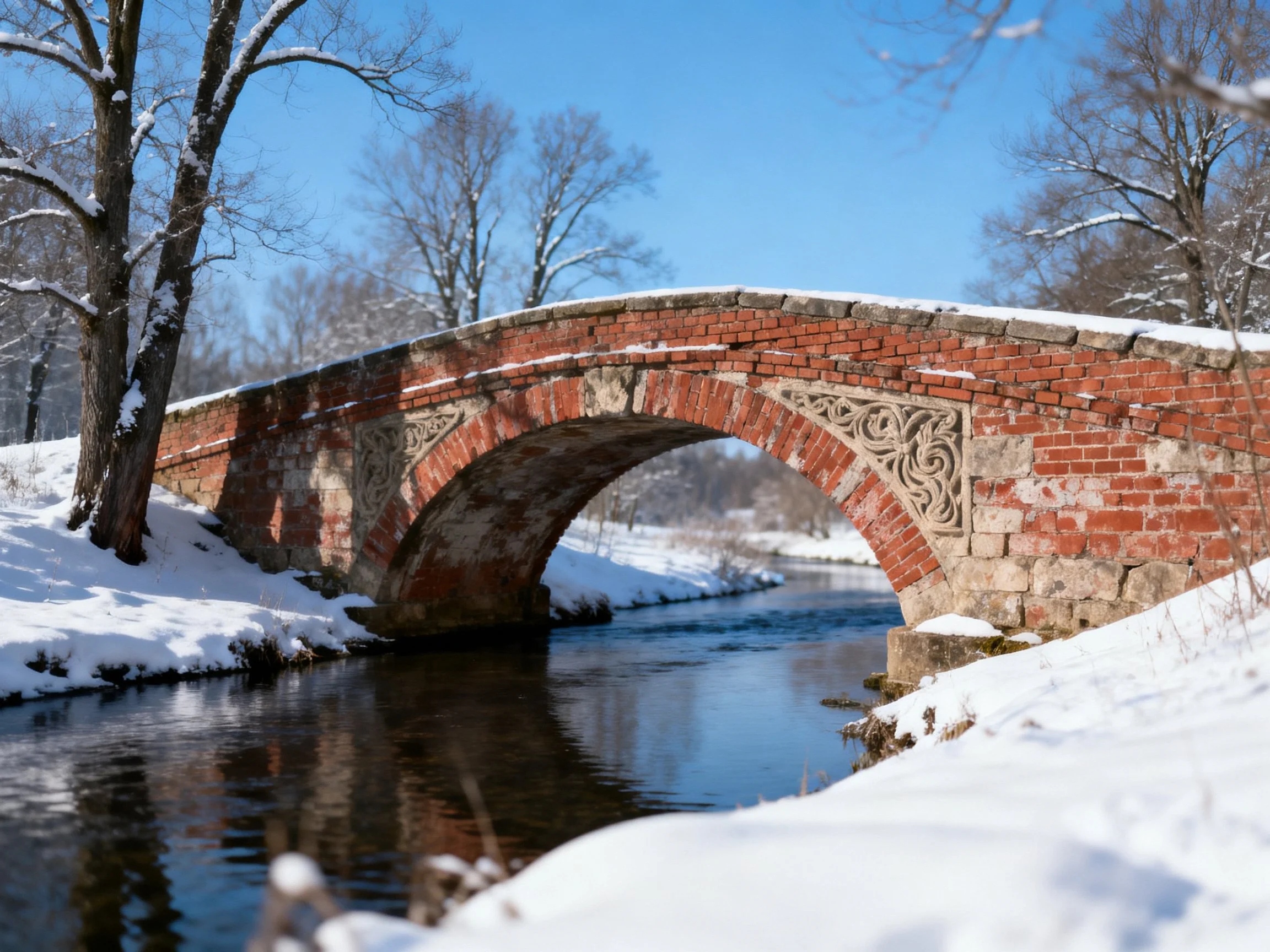 A historic brick arch bridge spans a snowy stream