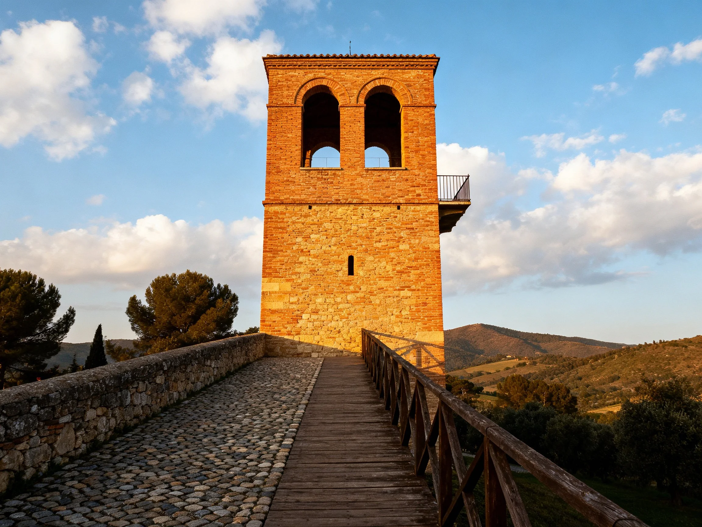 A historic brick tower with arched openings near rolling hills