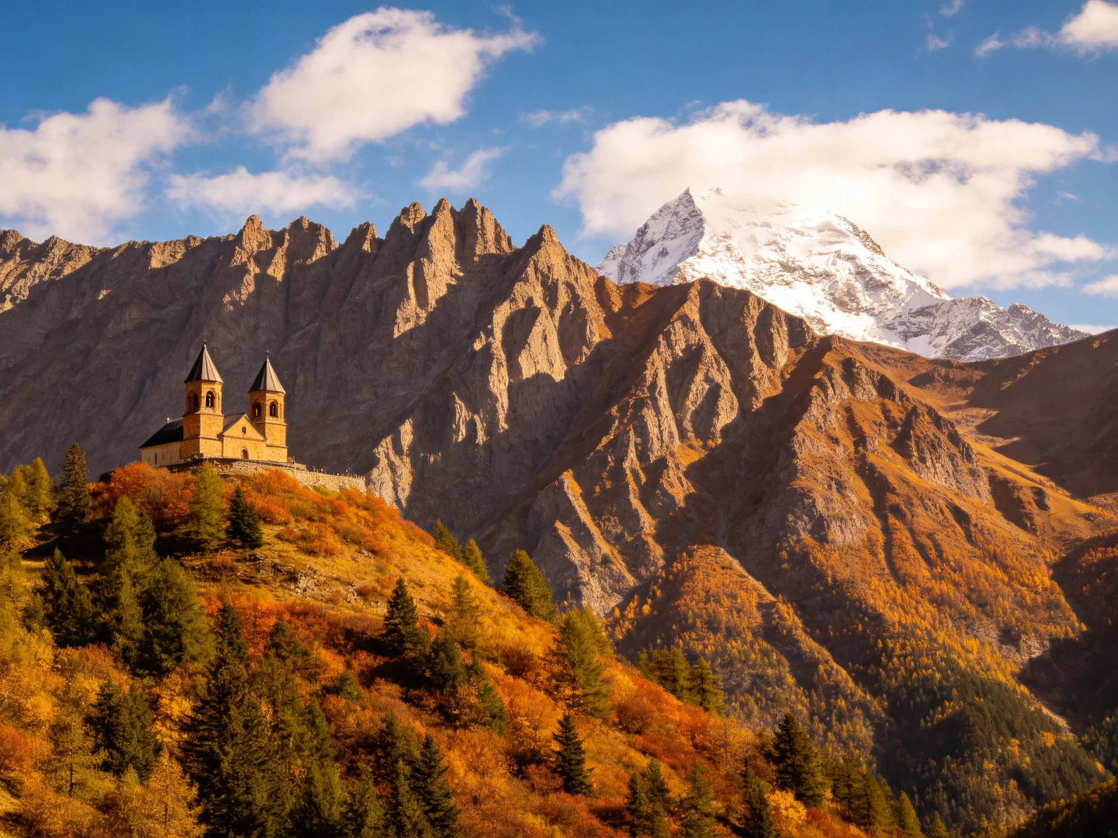 A historic church on an autumn hillside with jagged mountain peaks