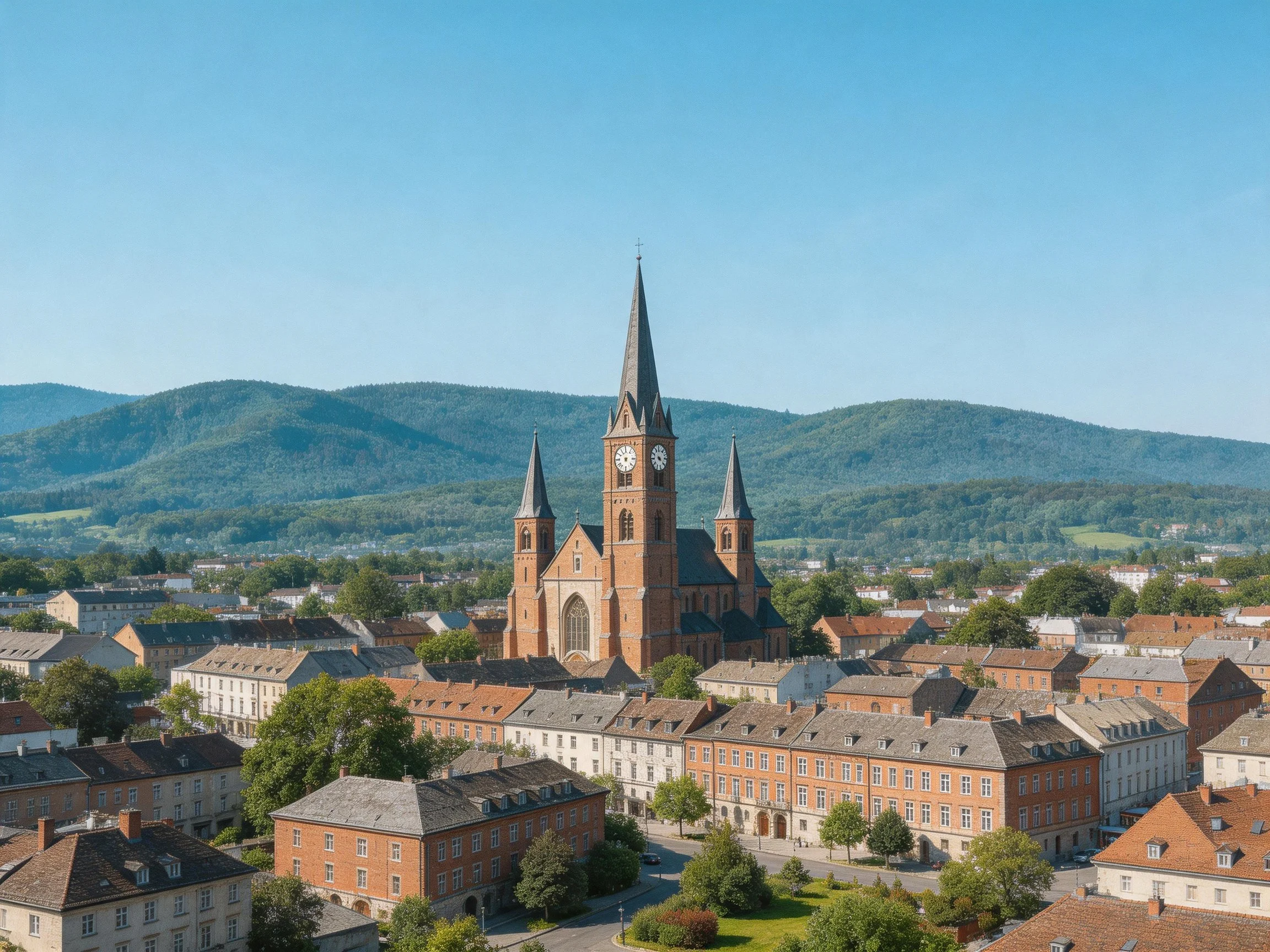 A historic church with tall spires dominates a town near green mountains