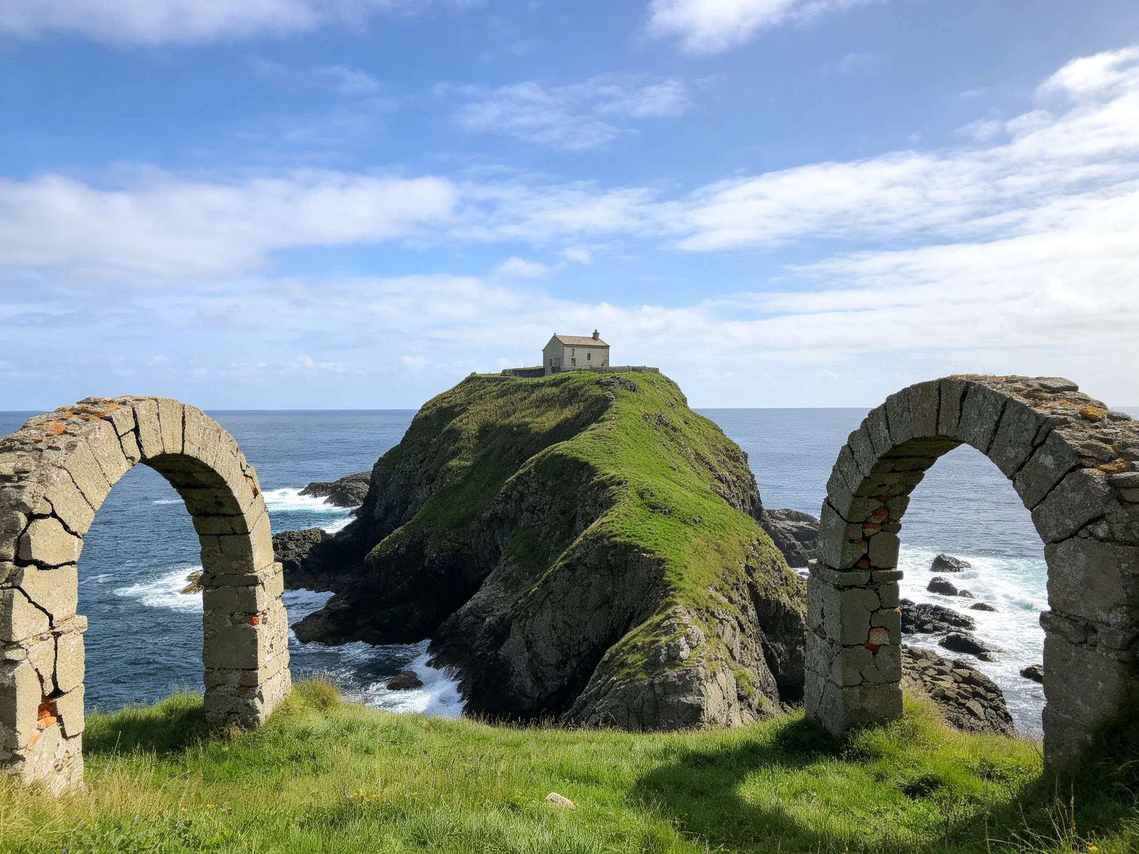 A historic house atop a grassy coastal cliff with ancient stone arches