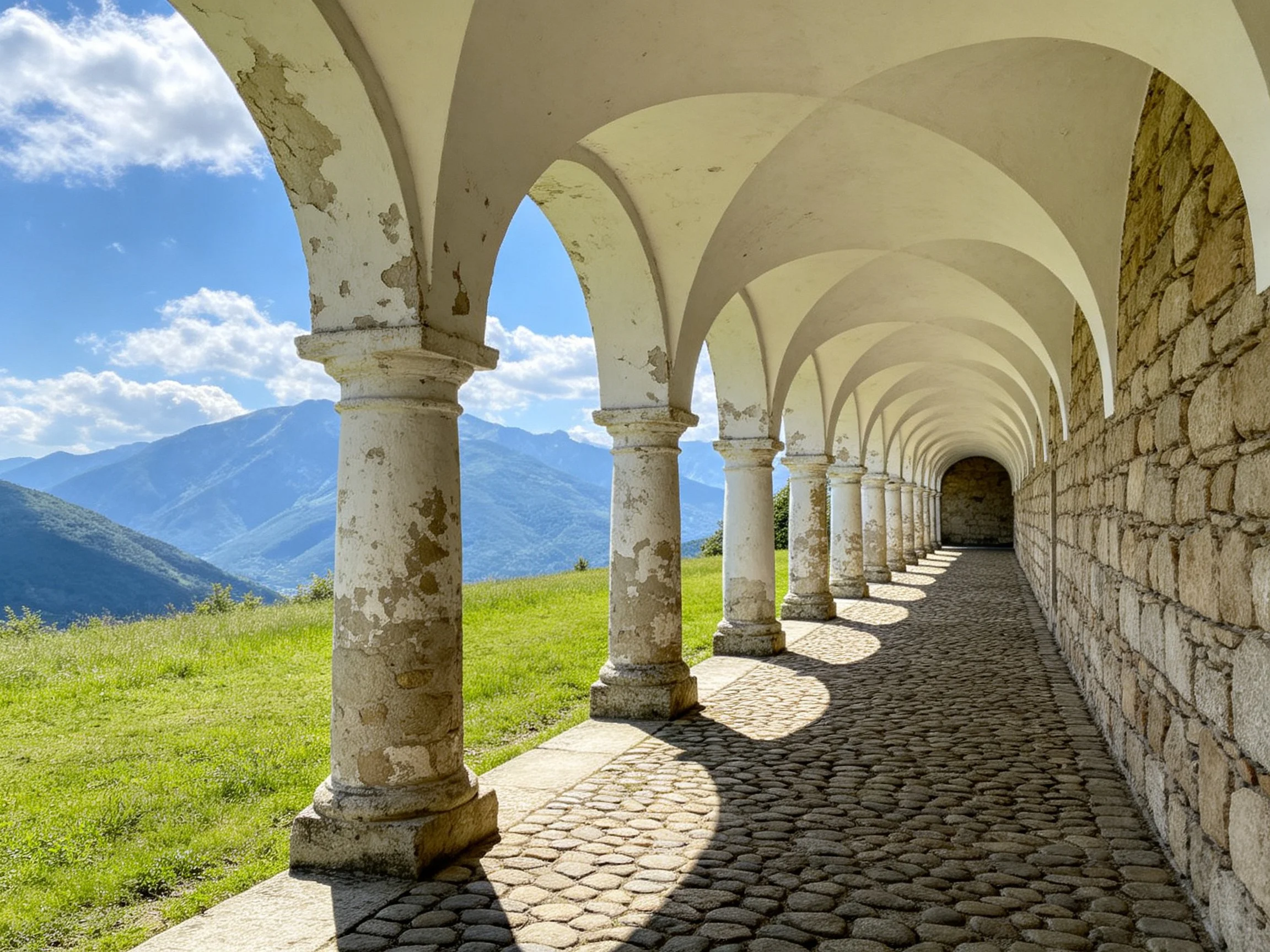 A historic stone archway corridor overlooking mountainous terrain