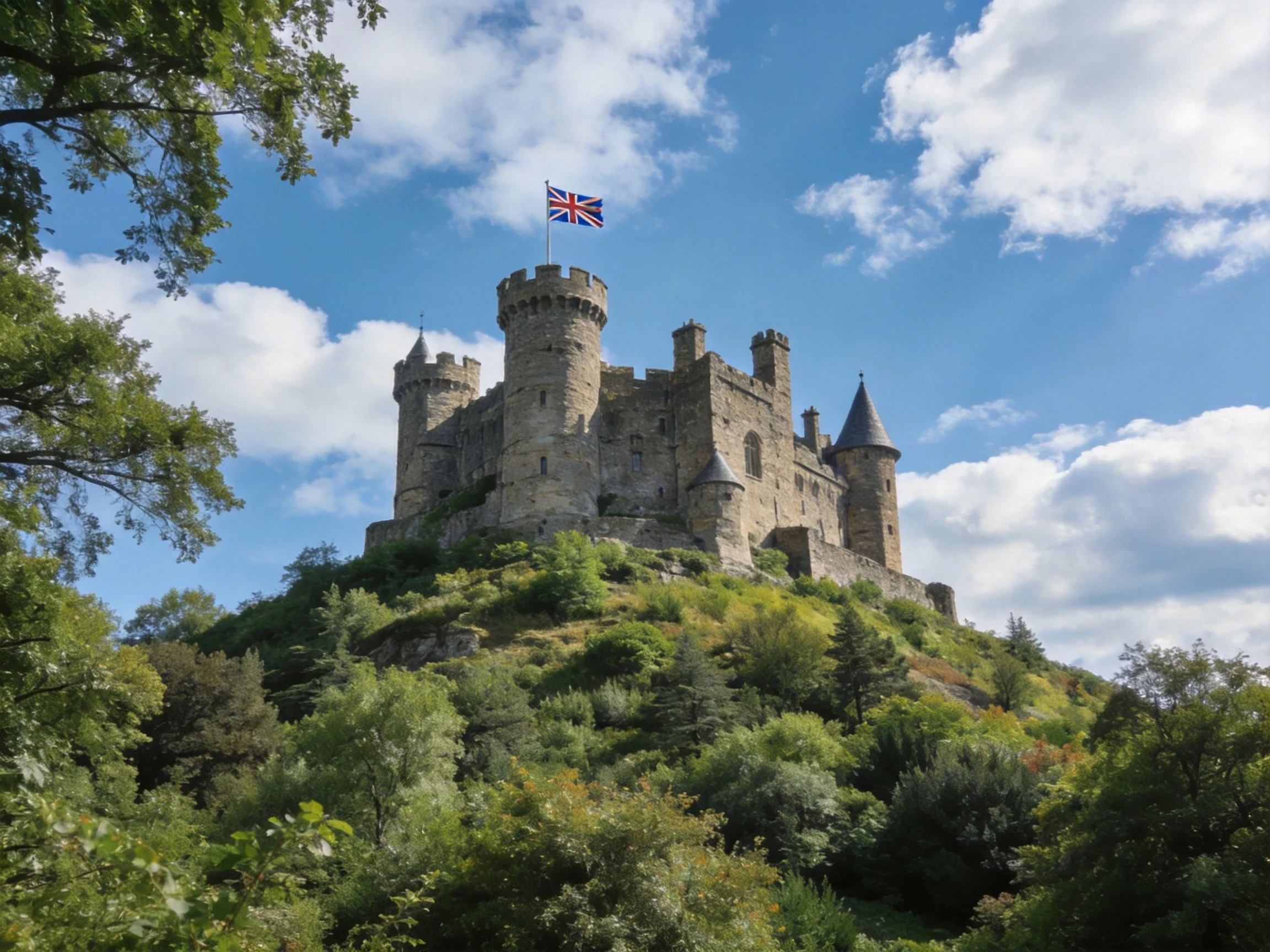 A historic stone castle atop a lush green hill with a British flag