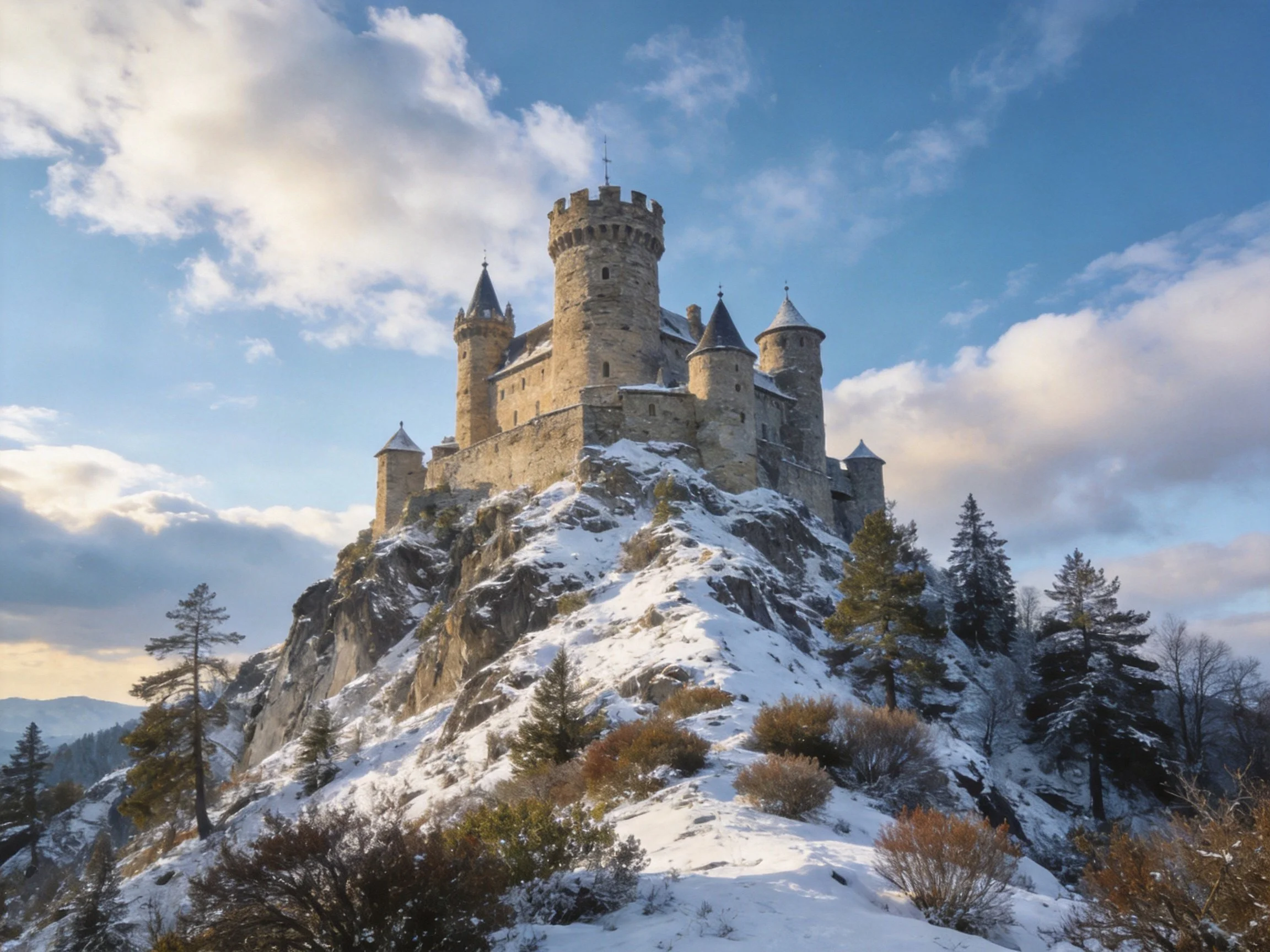 A historic stone castle atop a snow-dusted rocky hill