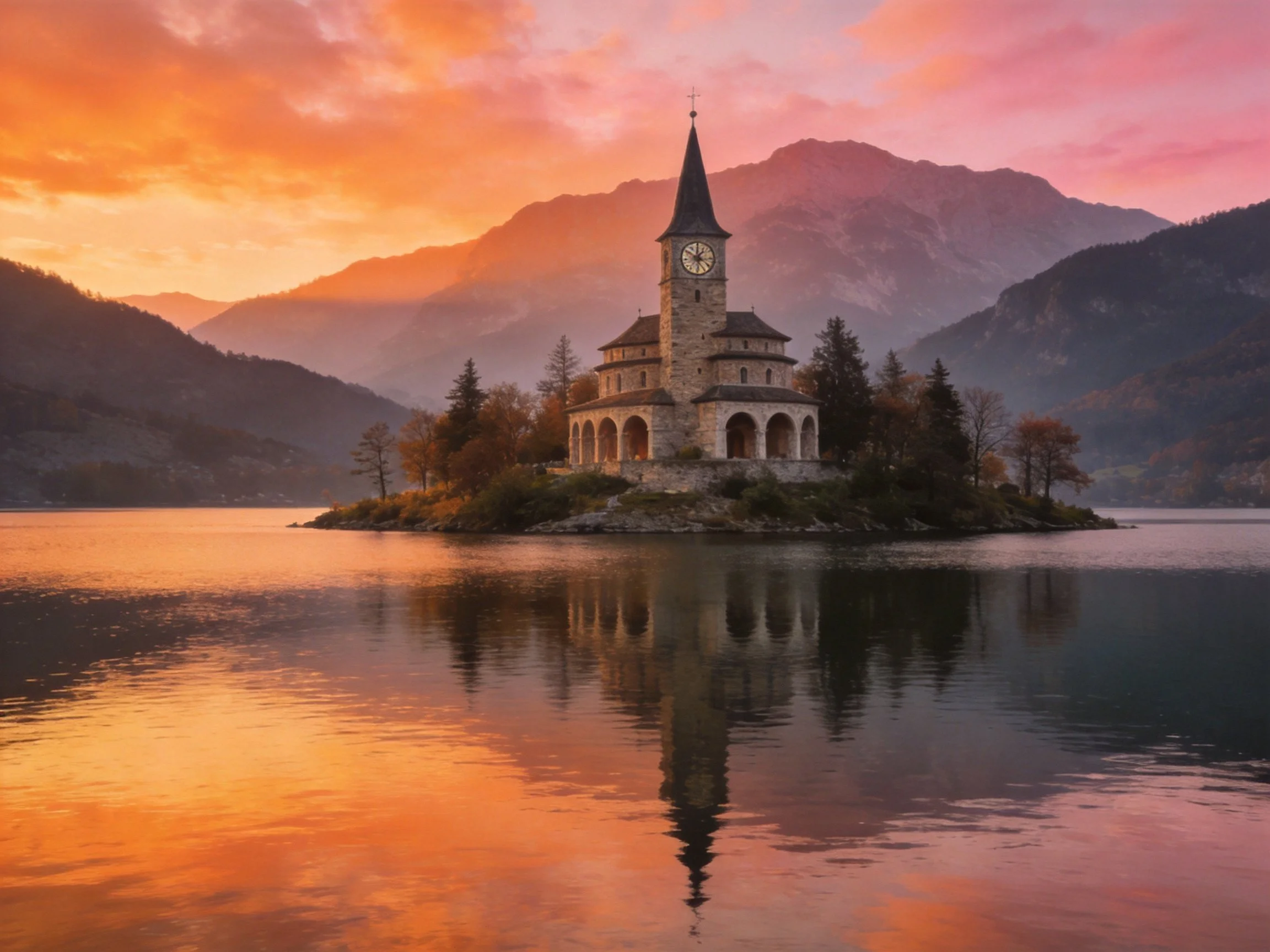A historic stone church with a clock tower sits on a small island in a lake