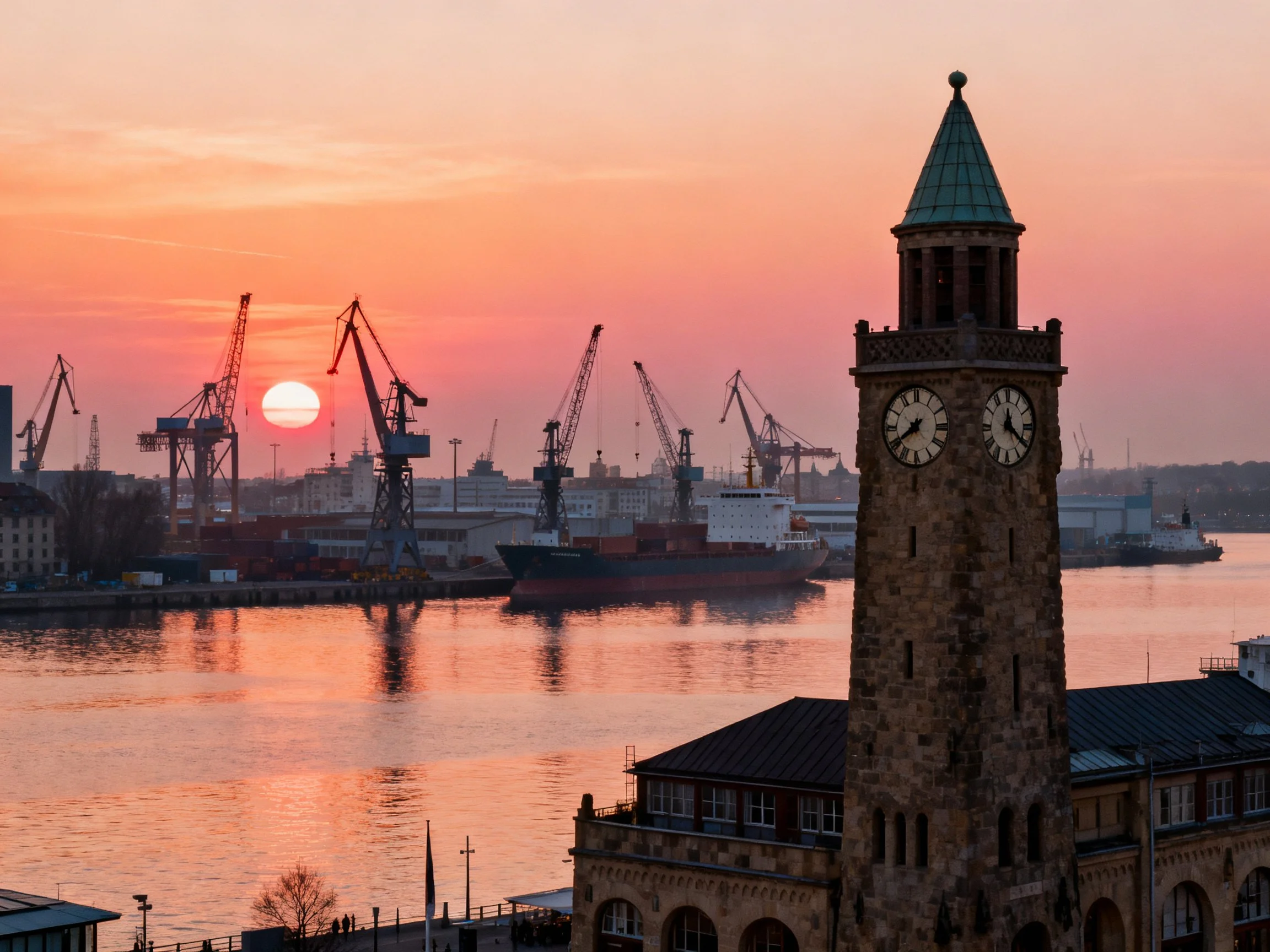 A historic stone clock tower overlooks a harbor with cranes at sunset