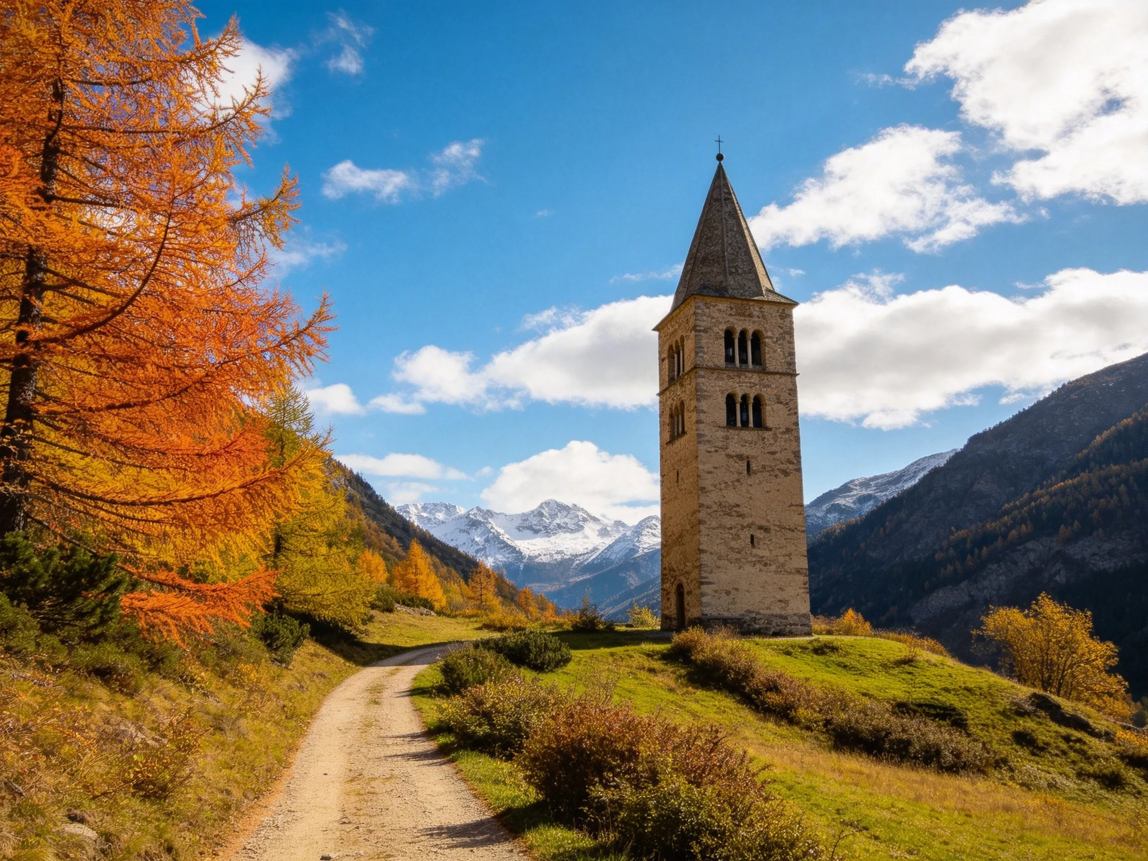 A historic stone tower amid autumn foliage near snow-capped mountains