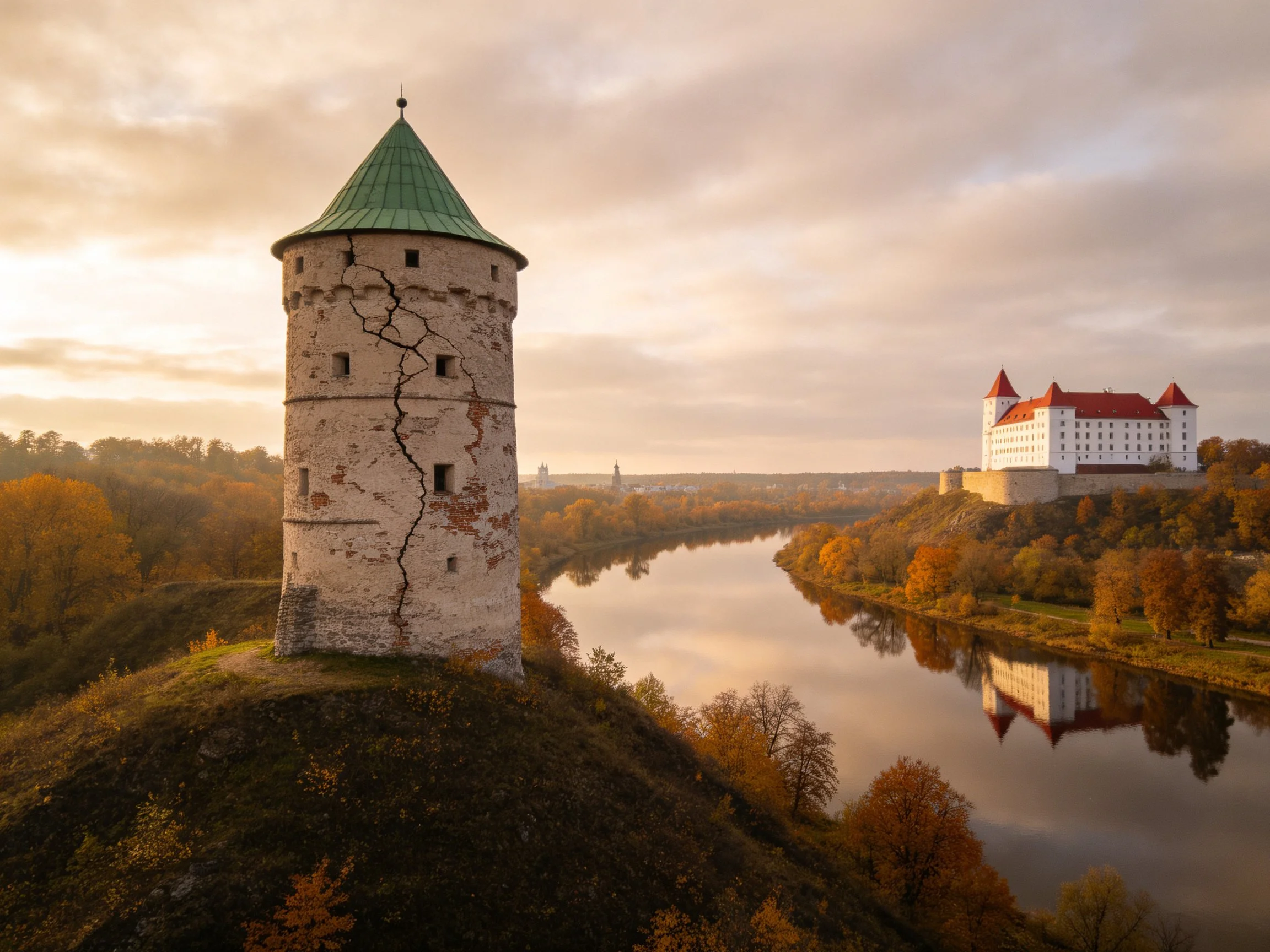 A historic stone tower beside a grand castle over autumnal river