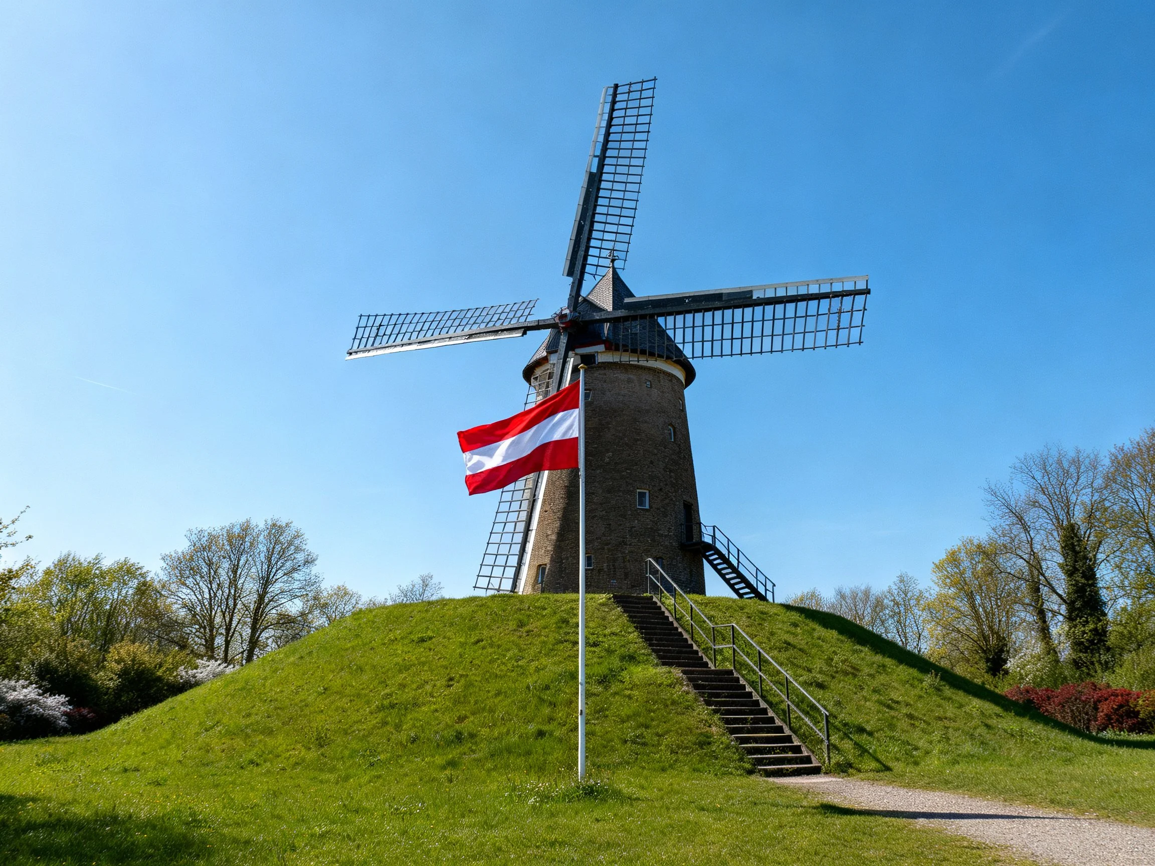 A historic stone windmill atop a green mound with an Austrian flag