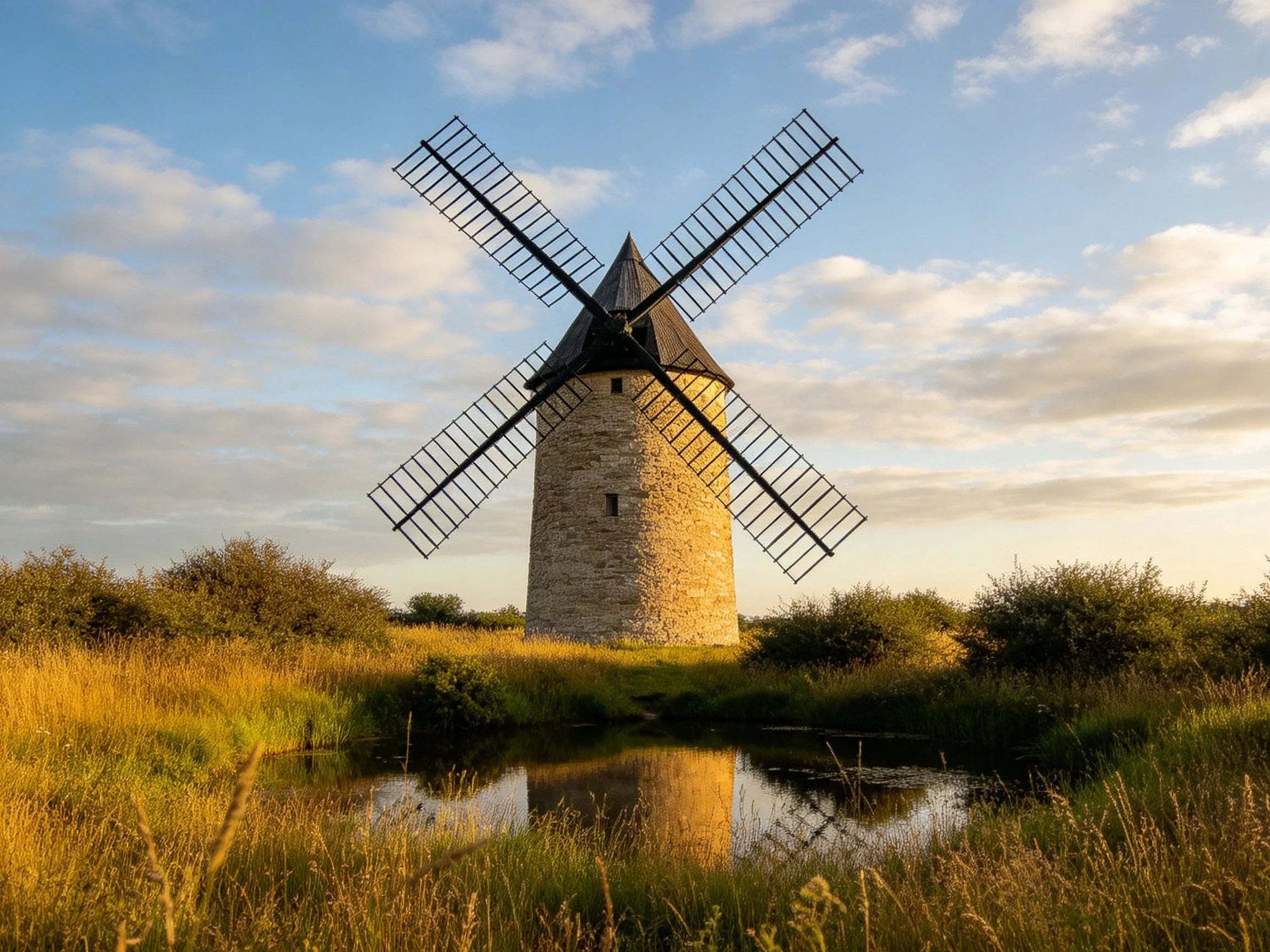 A historic stone windmill with black blades near a small pond