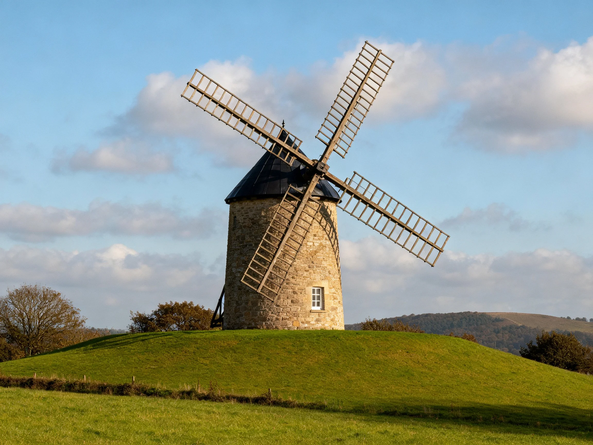 A historic stone windmill with wooden blades on a green hill