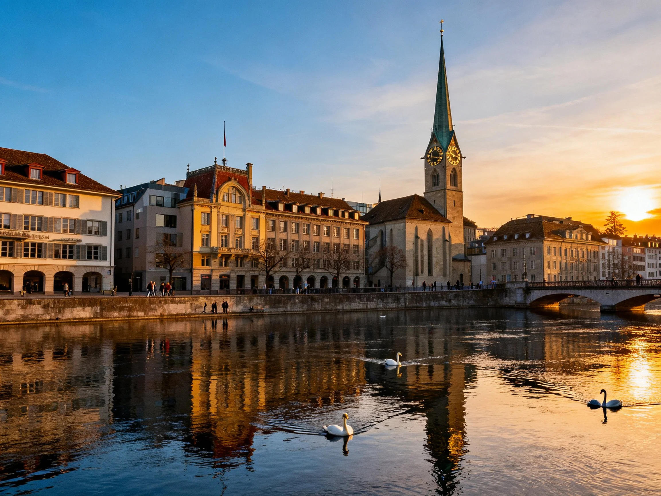 A historic town by a river at sunset displays swans and historic architecture